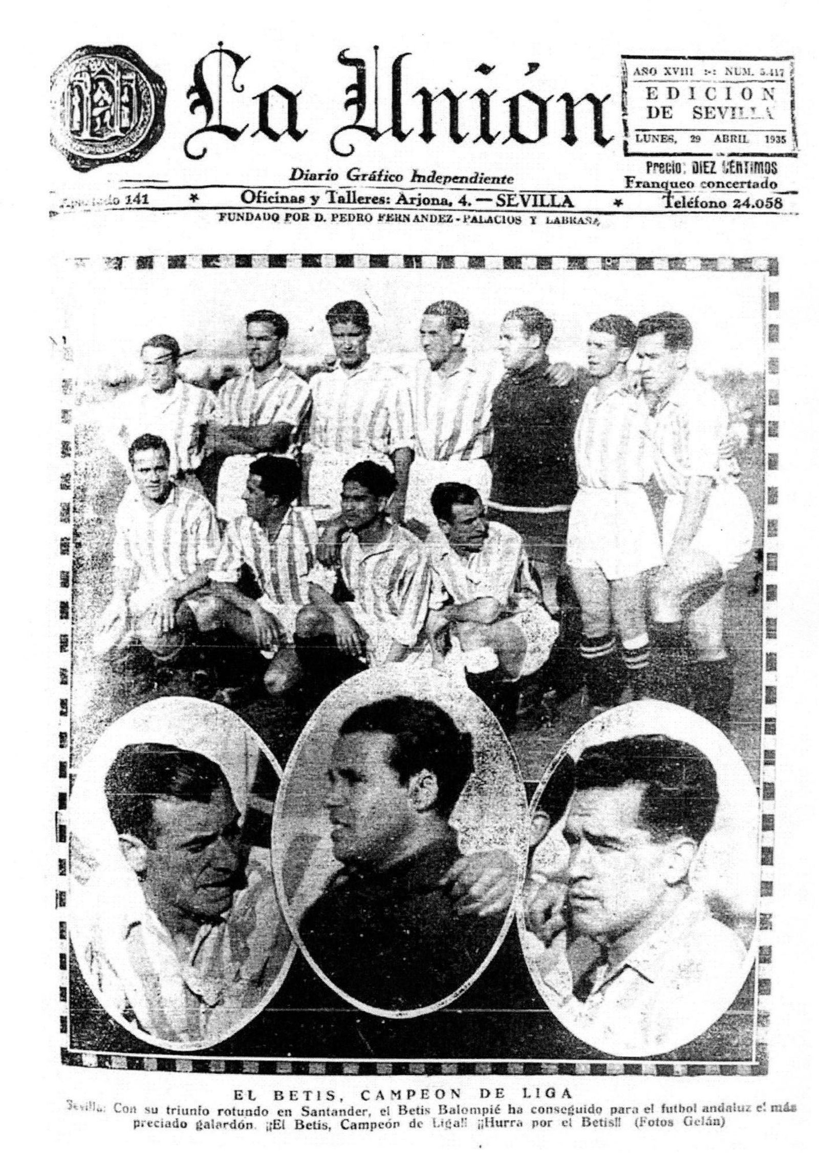 Portada del diario 'La Unión', donde colaboró Gelán, con la noticia de la Liga de 1935, lograda en Santander con el irlandés O'Connell en el banquillo.