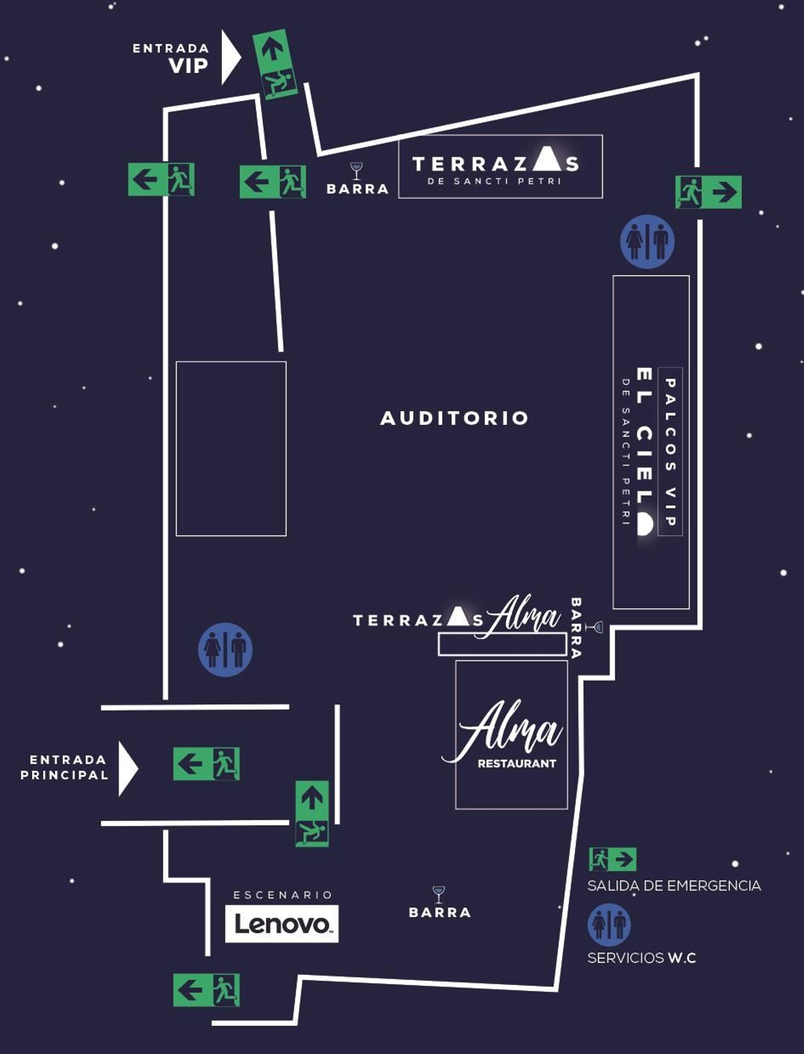 Plano del recinto del festival con la ubicación de las distintas zonas, servicios y accesos.