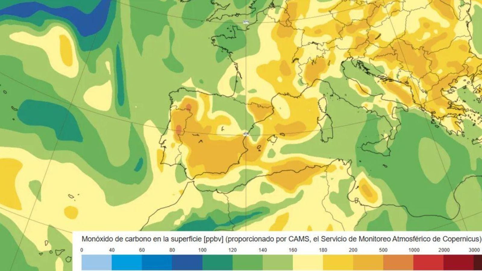 Los pronósticos del CAMS muestran una concentración elevada de monóxido de carbono en la provincia de Granada
