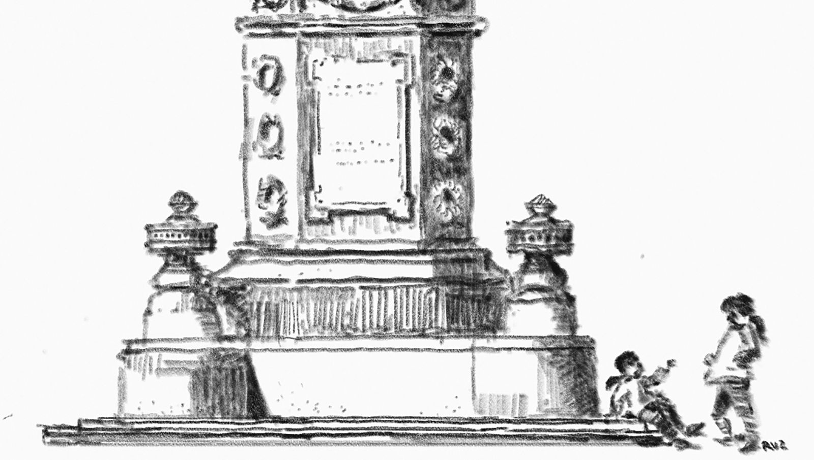 Dos jóvenes juegan a los pies del monumento a Los Coloraos