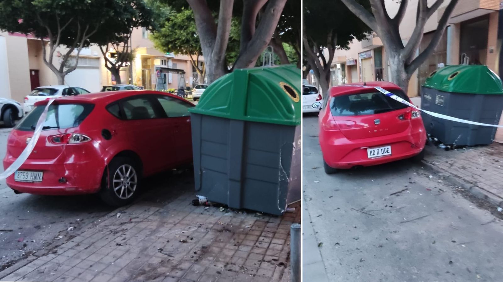 El vehículo que ha recibido los daños junto a contenedores desplazados en la calle Benizaón de Almería.