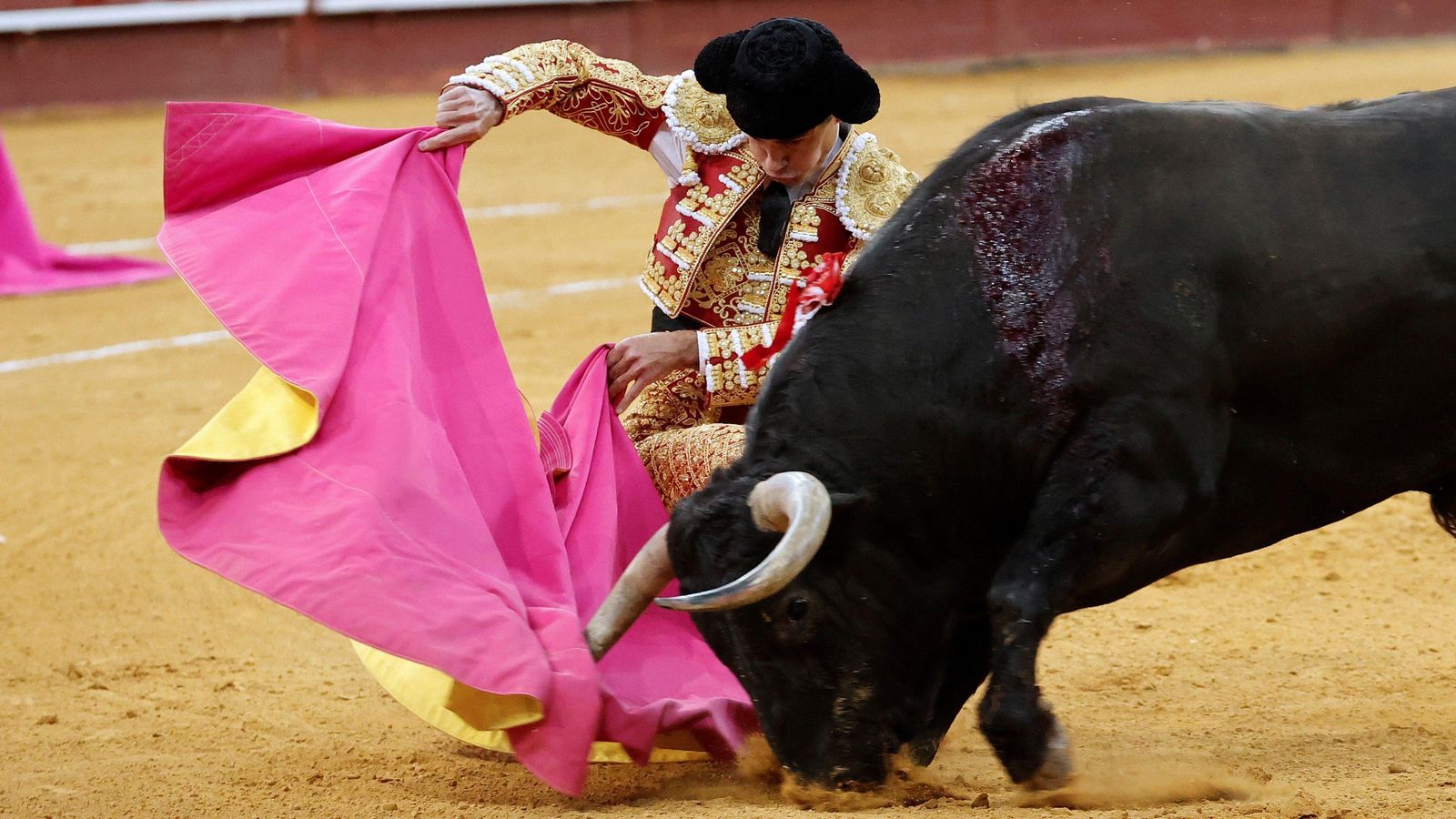 Pablo Aguado entregándose con el capote en Vistalegre.