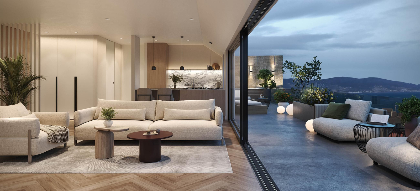 Recreación de uno de los áticos del residencial de Grupo GS en Sanxenxo.