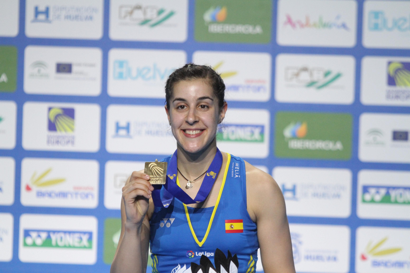 Partido y victoria de Carolina Marín en el Europeo de Bádminton celebrado en Huelva