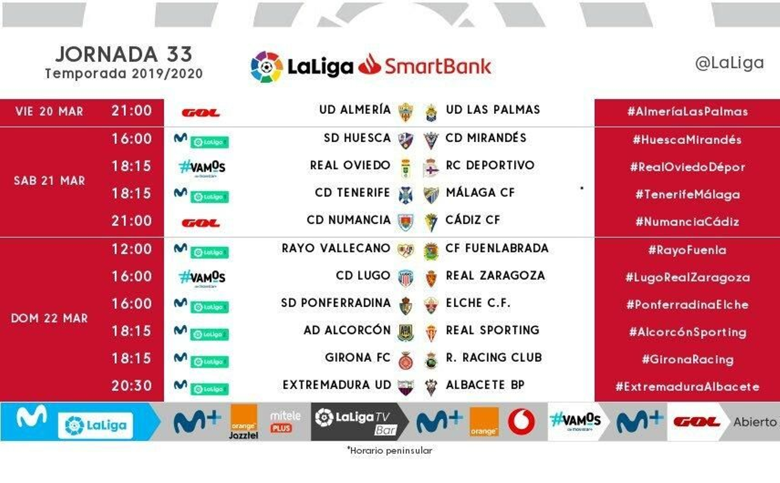 Calendario de la 33ª jornada de Liga.