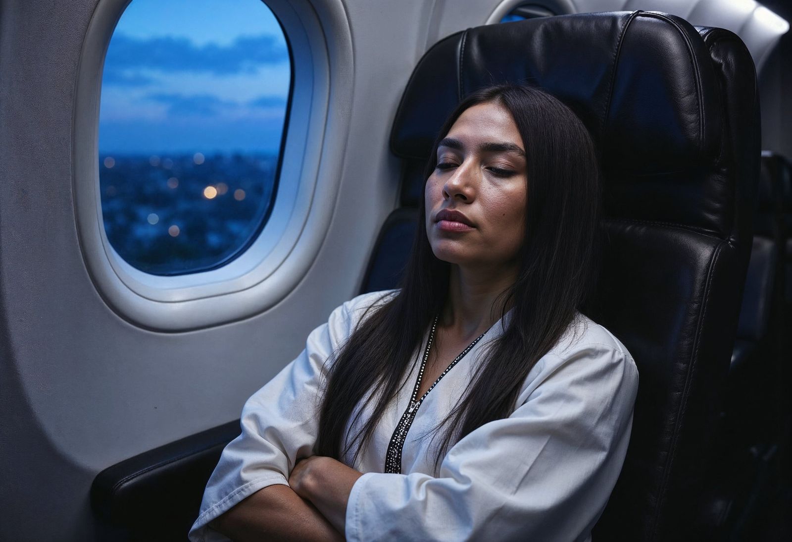Chica durmiendo en un avión