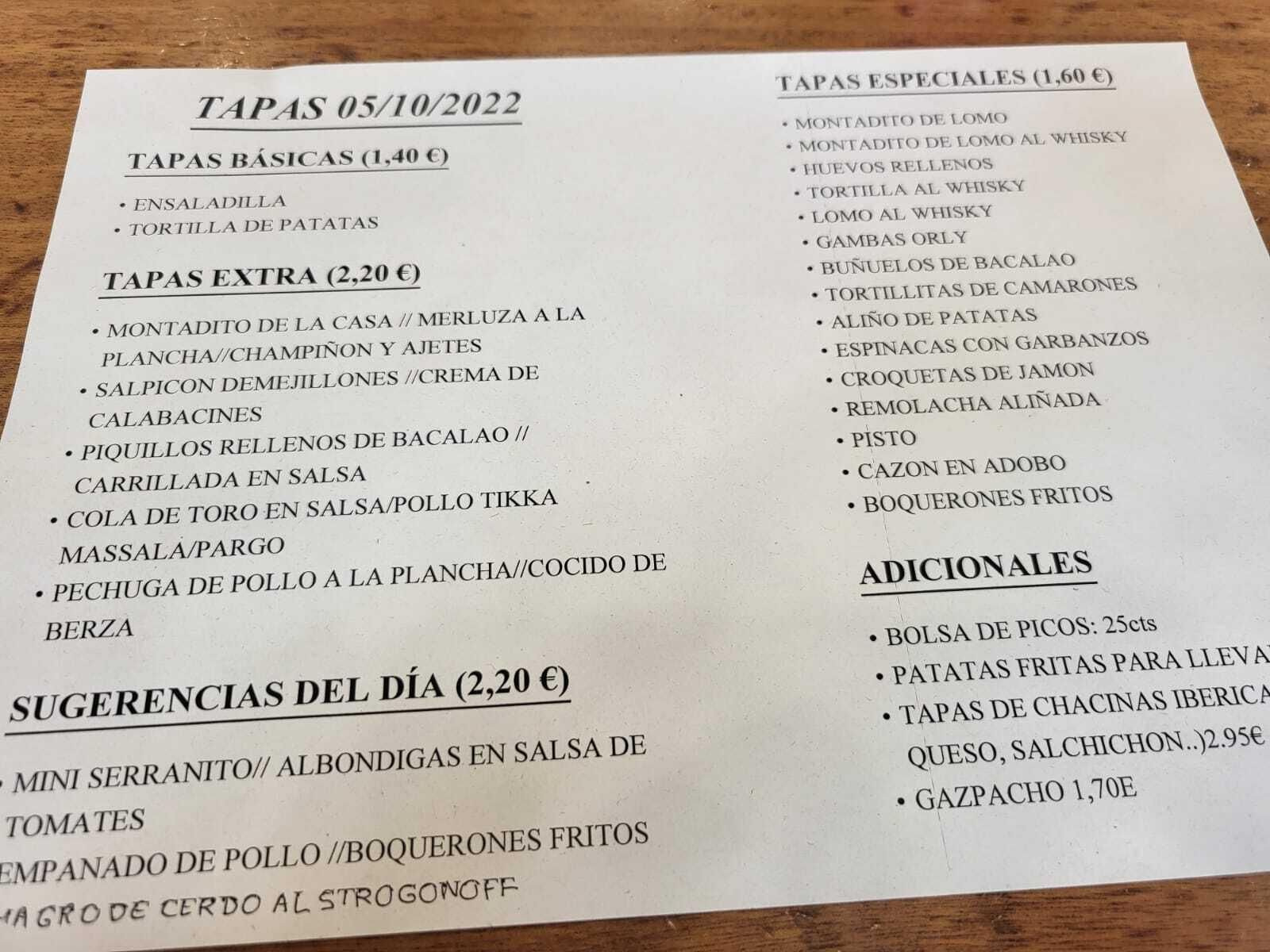 Lista de tapas del bar del Parlamento de Andalucía