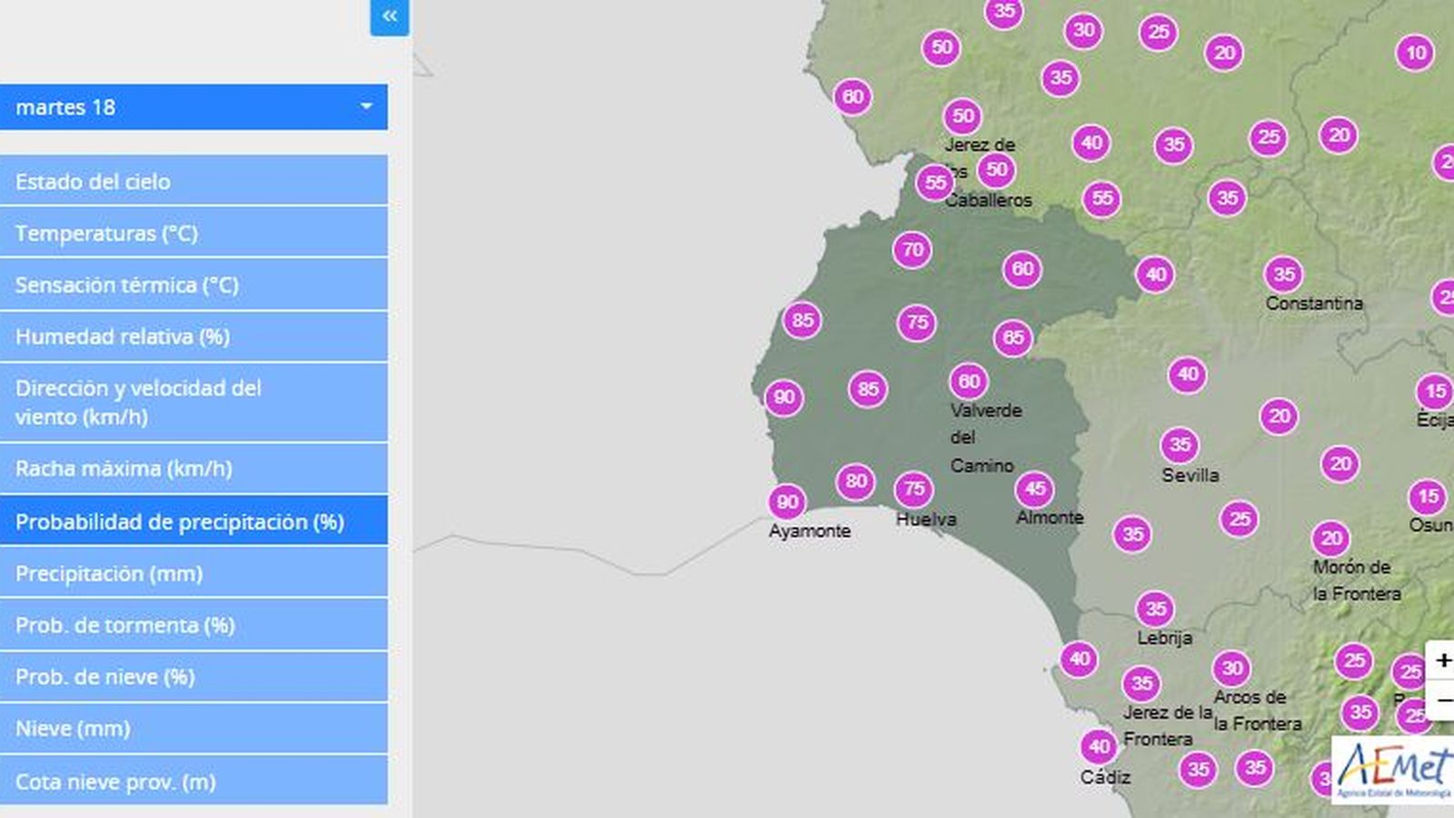 Mapa de la Aemet que muestra la probabilidad de lluvias para este martes 18 de febrero en Huelva.