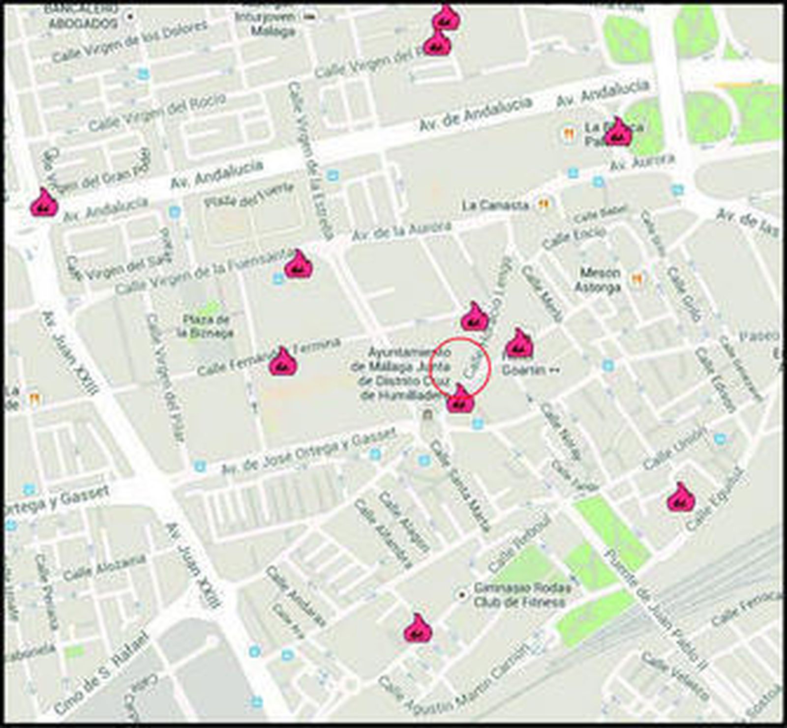 Recorrido que el arrestado seguía, presuntamente, para la quema de contenedores.