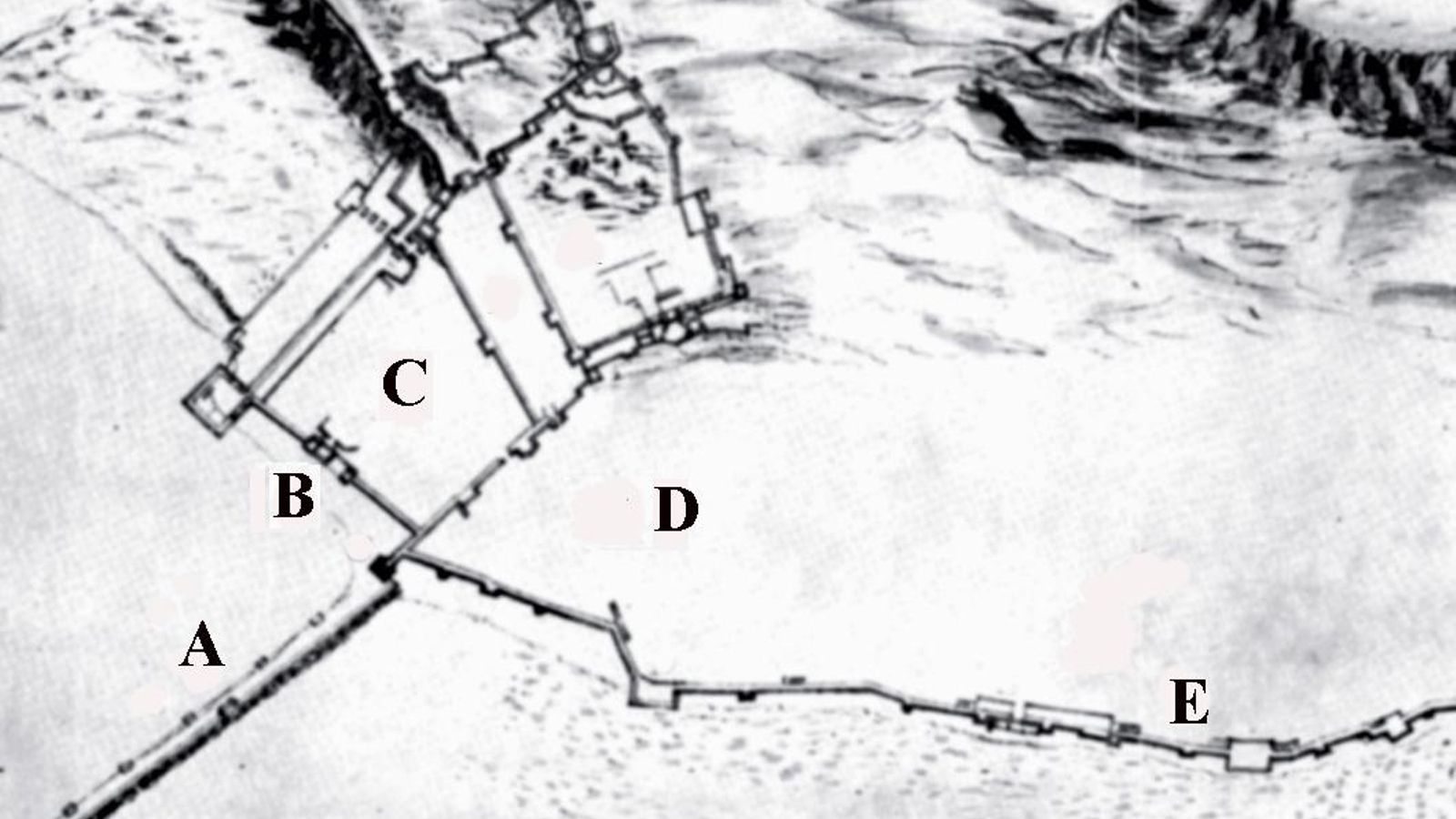 A, El Muelle Viejo de Gibraltar en un plano de 1627 levantado por Luis Bravo de Acuña; B.- Puerta del Mar o de las Atarazanas; C.- La Barcina; D.- La Turba; E.- La muralla litoral. (Museo Británico, publicado por Calderón Quijano, J. A).