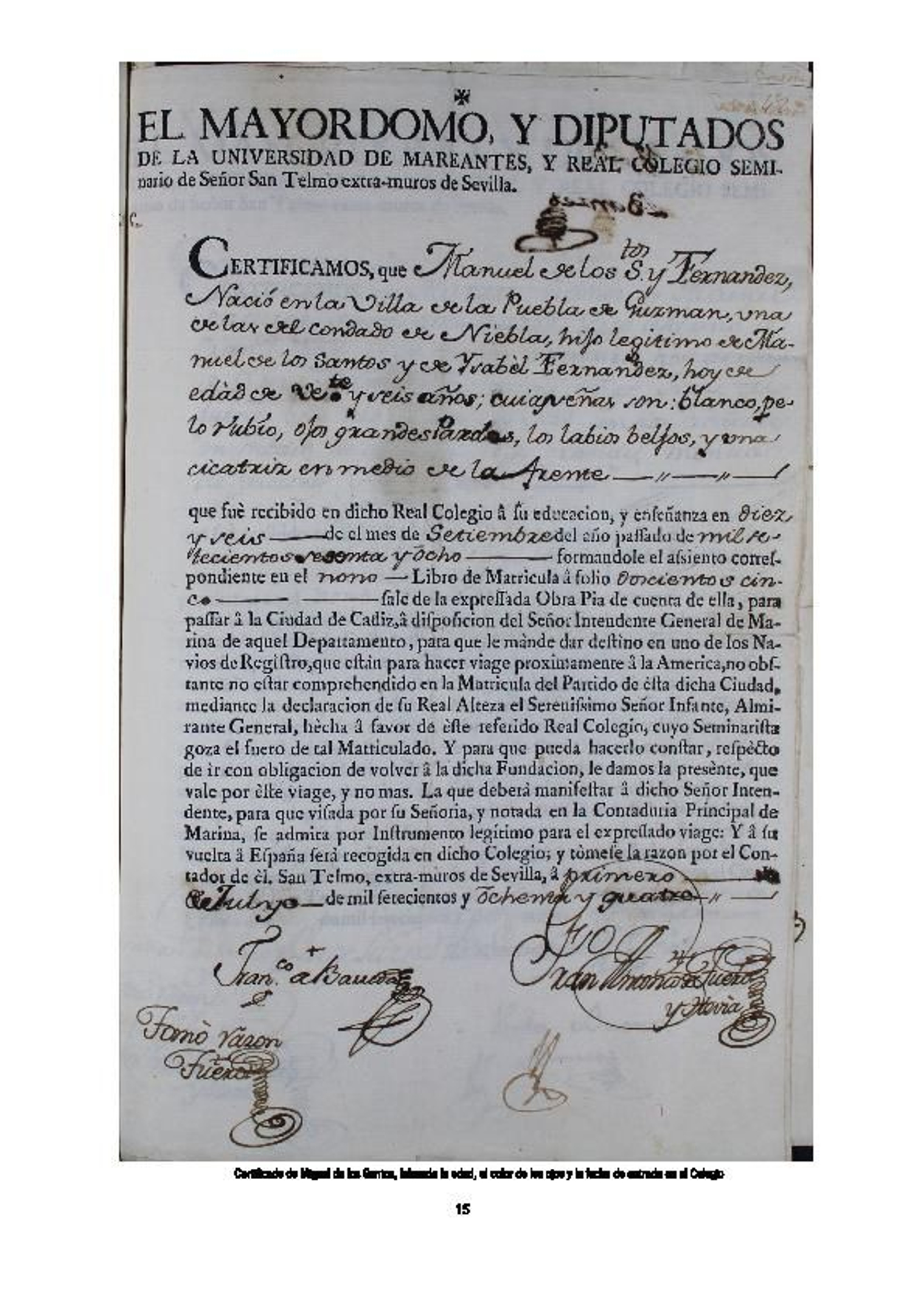 Escrito donde se falsean edad, color de ojos y fecha de entrada en San Telmo.