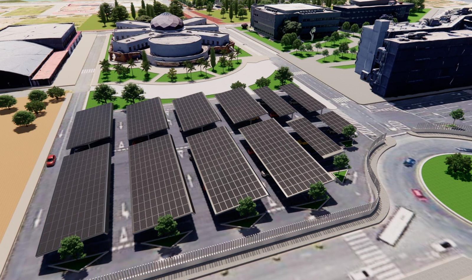 Así quedará el Campus del Carmen de la Universidad de Huelva tras la instalación de las placas solares