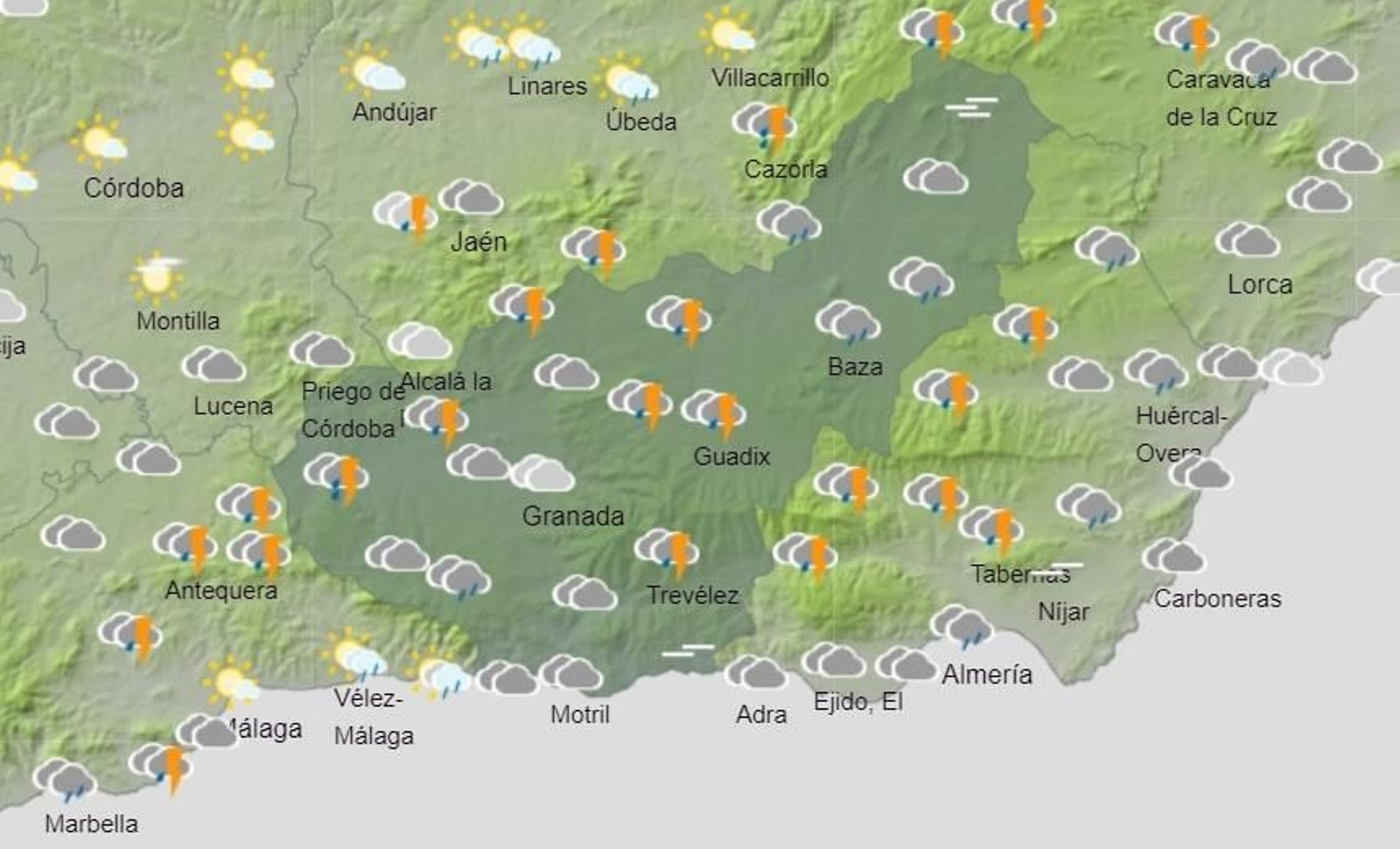 Mapa del tiempo previsto para el sábado en la provincia de Granada