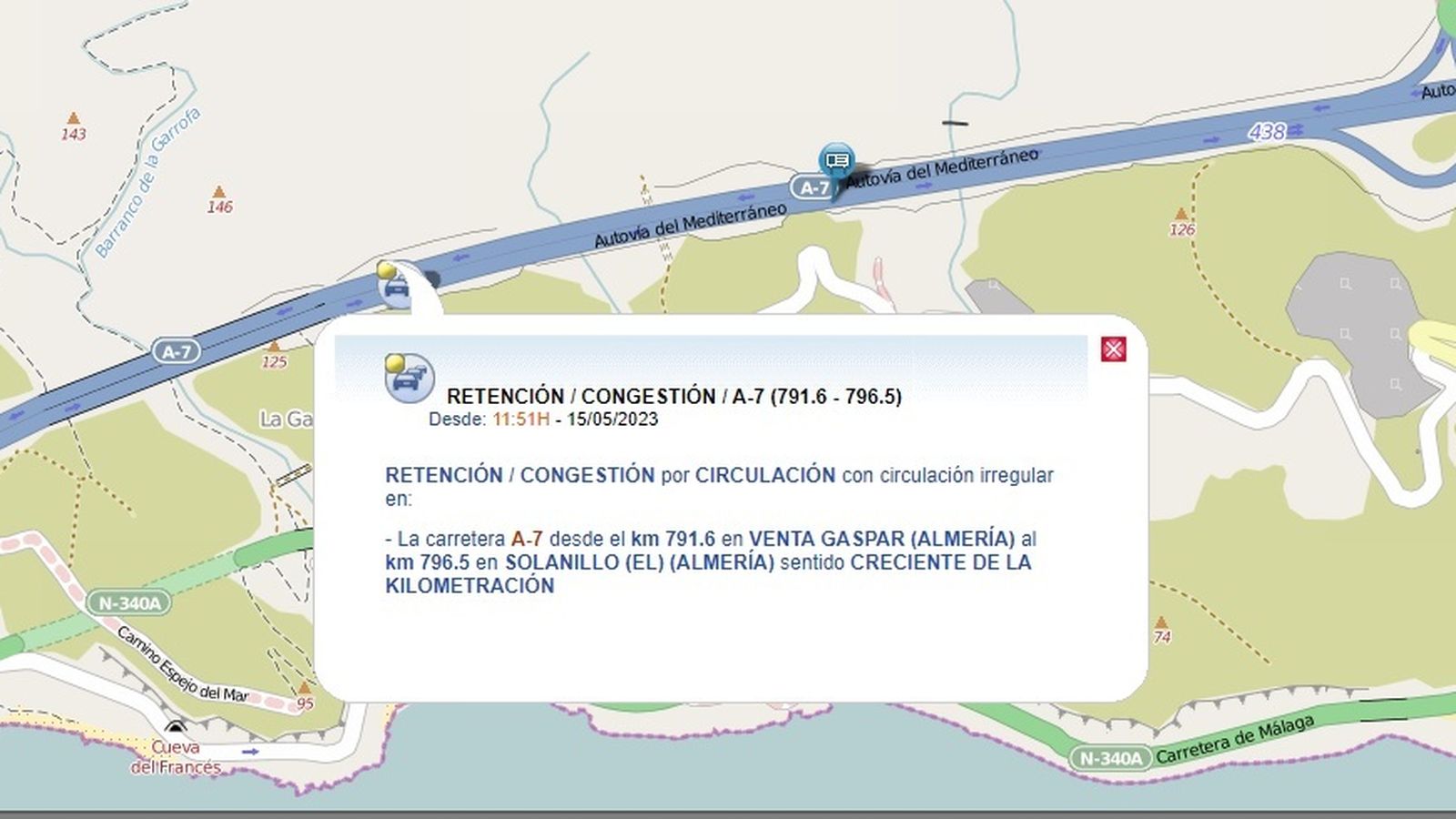 Mapa de incidencias de la DGT.