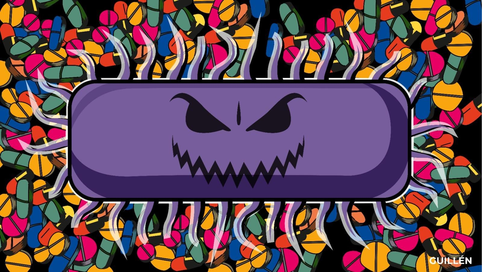 Ilustración muy libre de una superbacteria rodeada de antibióticos.