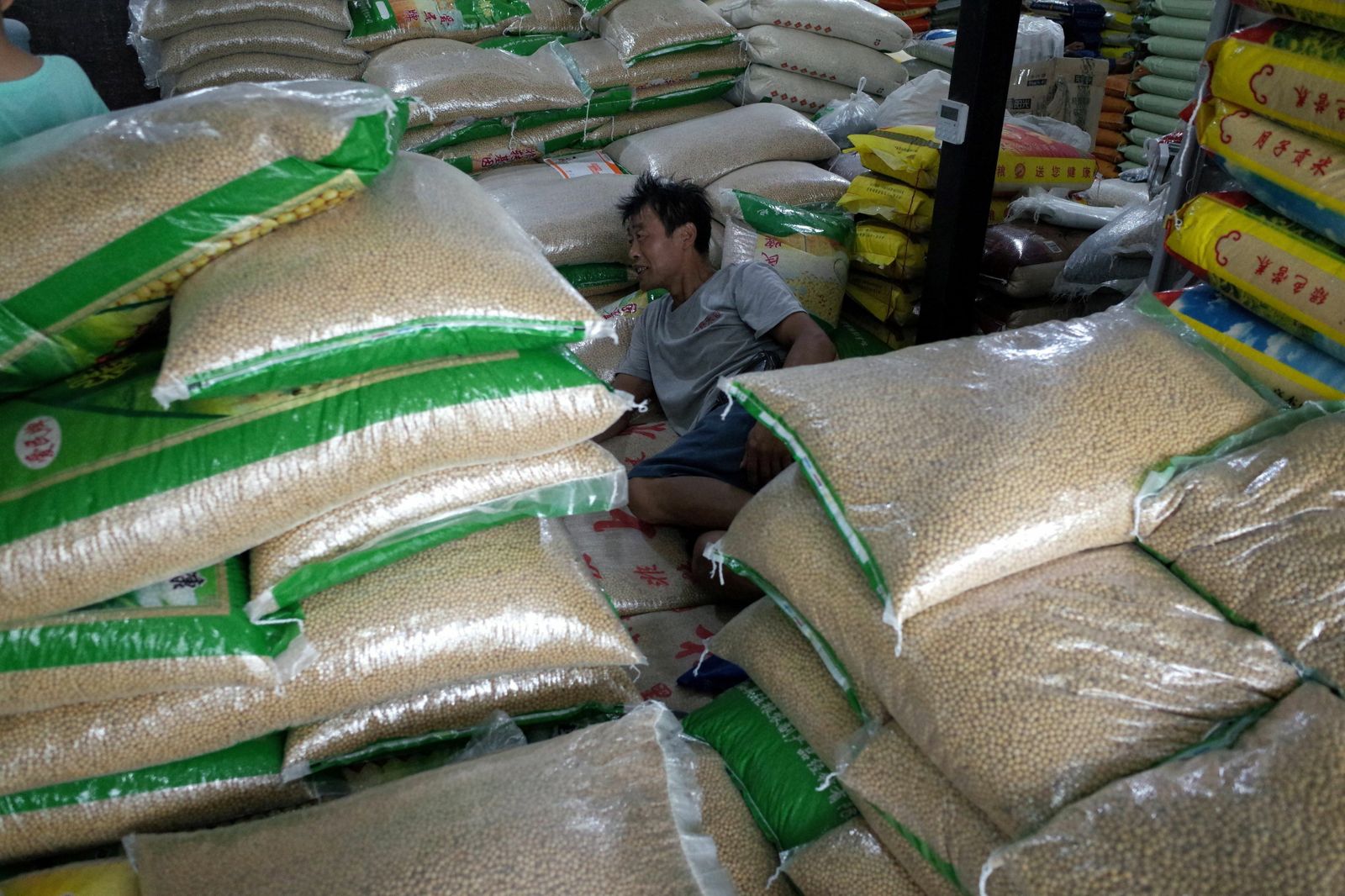 Un trabajador chino descansa entre montañas de bolsas de granos de soja