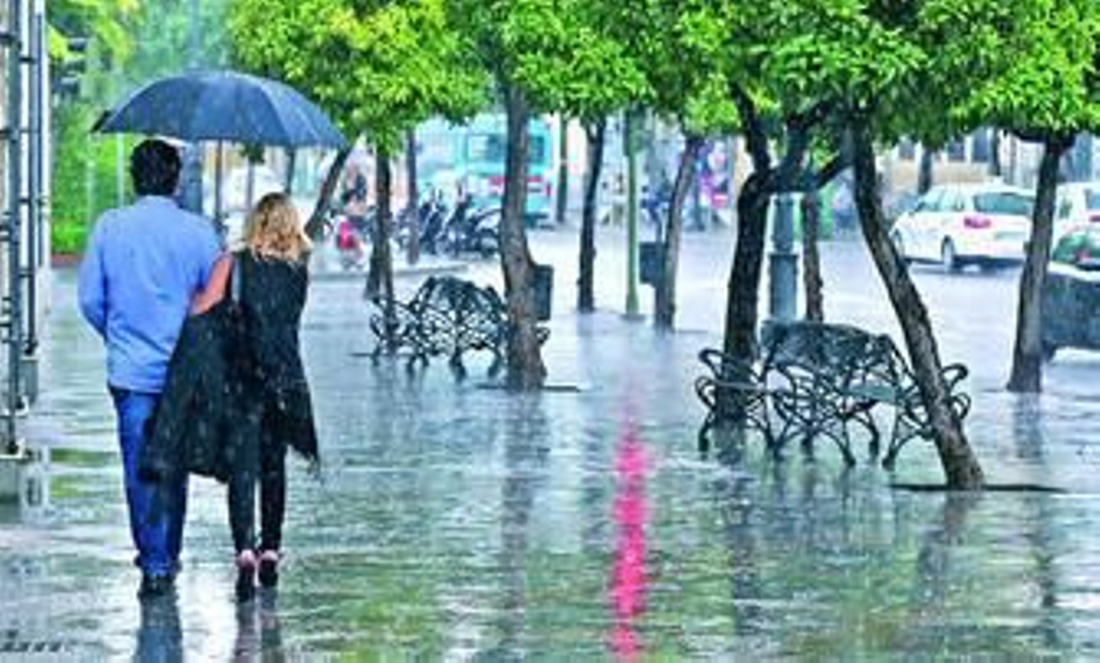 Una pareja pasea resguardada por un paraguas.