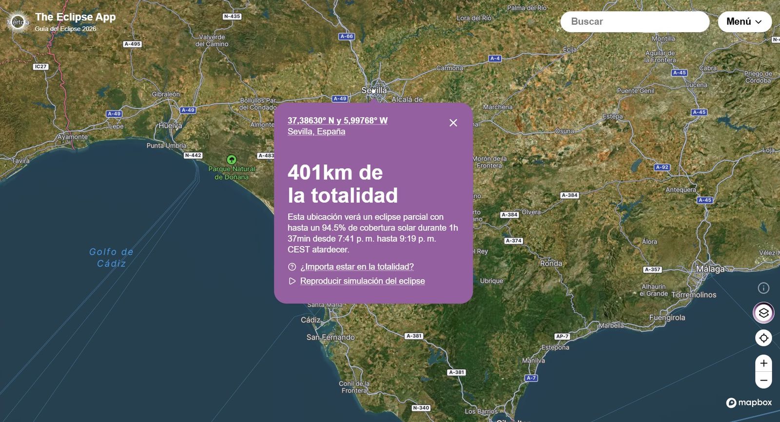 La web 'The Eclipse App' permite visualizar cómo se verá el eclipse del 12 de agosto desde cualquier punto de España