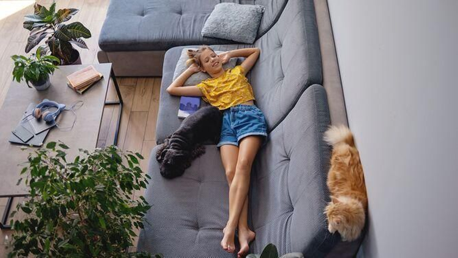 Una mujer tumbada junto a su perro en el sofá de su casa se toma un descanso en el salón.