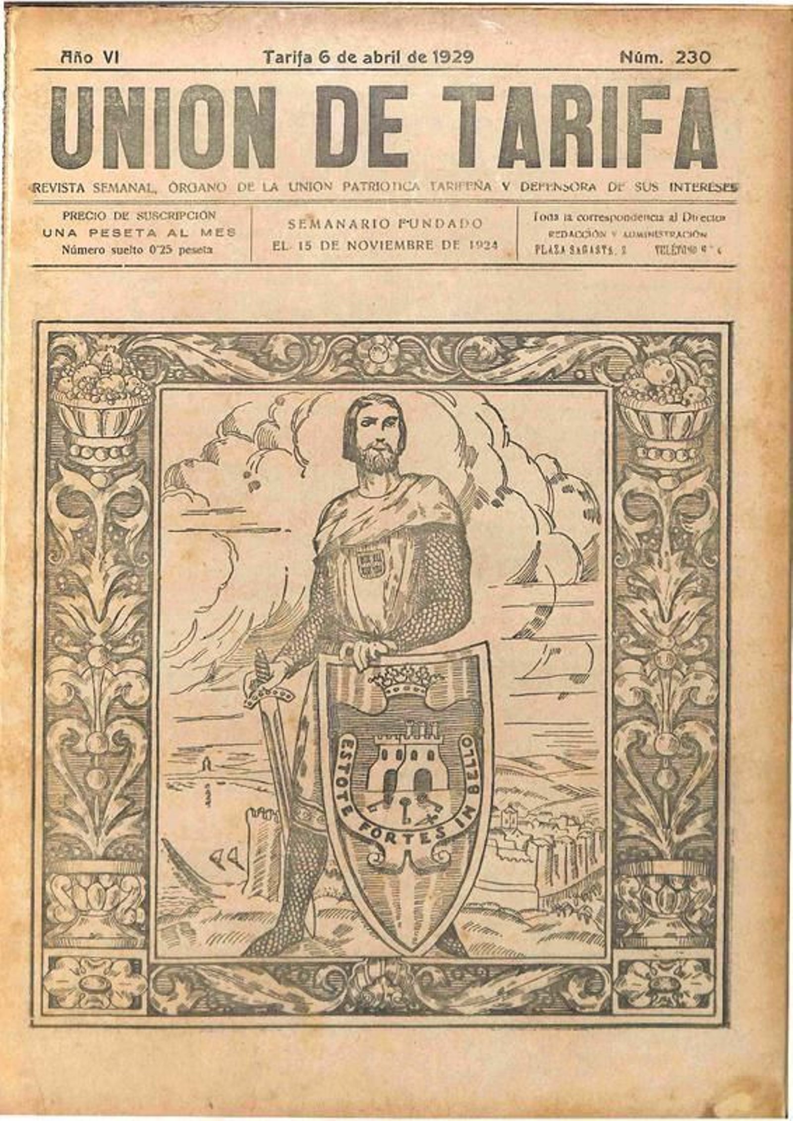 Portada del número 230 del año 1929 del semanario Unión de Tarifa que se puede descargar en la web hemerotecadetarifa.org.