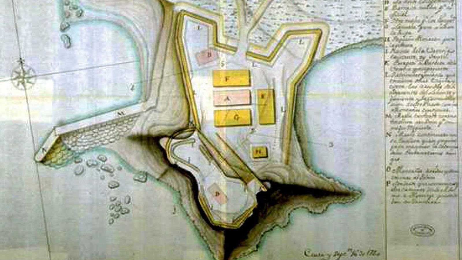 Plano del Fuerte del Tolmo y el muelle desde el que partían los barcos con mercancías para el abasto de Ceuta en el siglo XVIII. Plano del Fuerte del Tolmo y el muelle desde el que partían los barcos con mercancías para el abasto de Ceuta en el siglo XVIII.