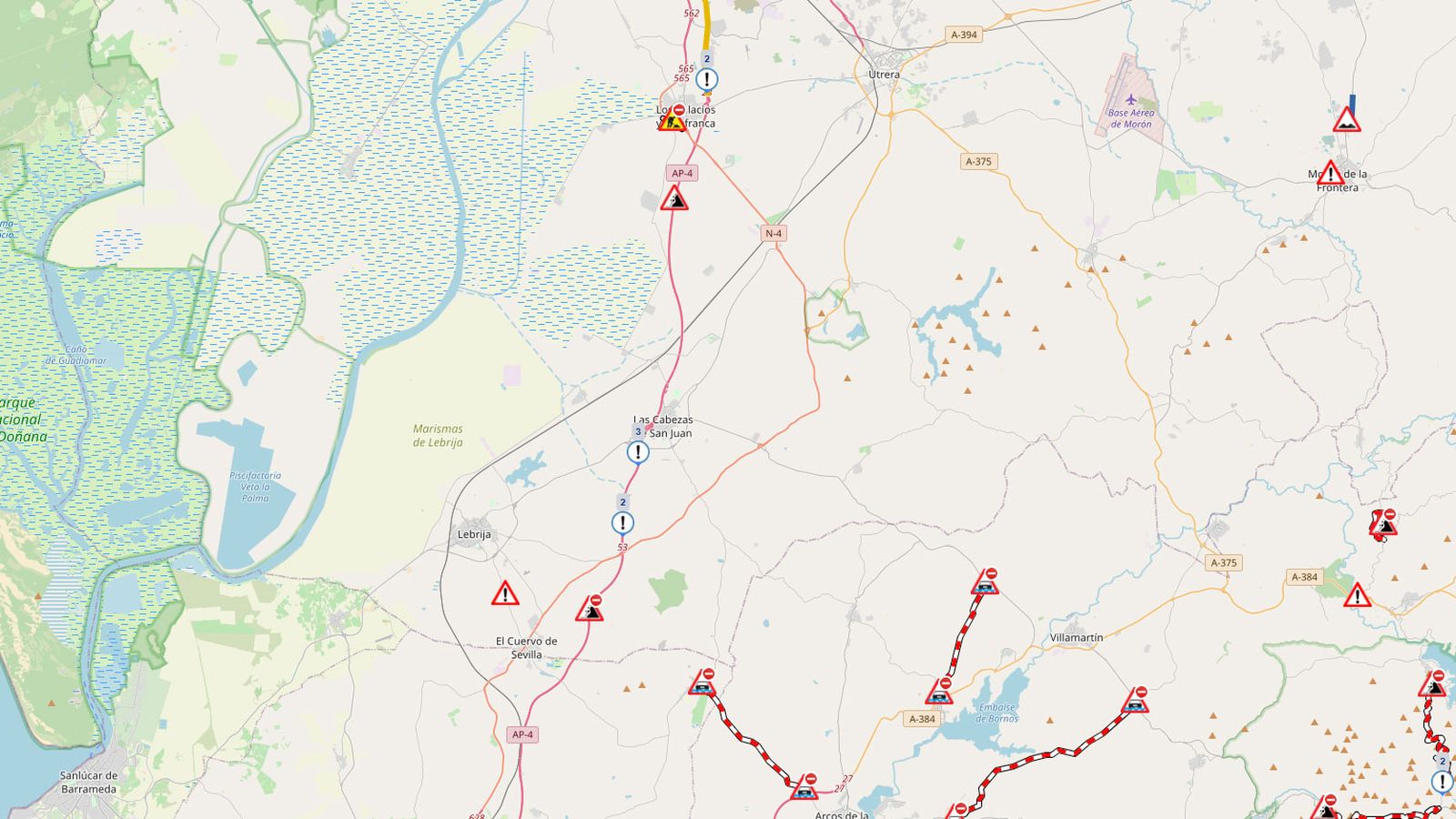 Mapa de la DGT con el corte de la AP-4 entre Los Palacios y Las Cabezas.