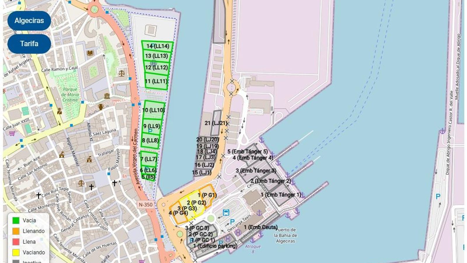 Ocupación de las parcelas de Algeciras a las 18:00, con todo el Llano Amarillo libre.