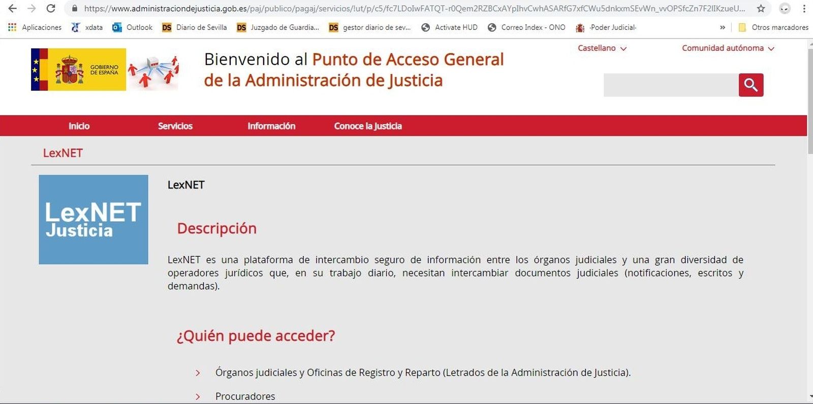 La página de Lexnet en el portal del Ministerio de Justicia.