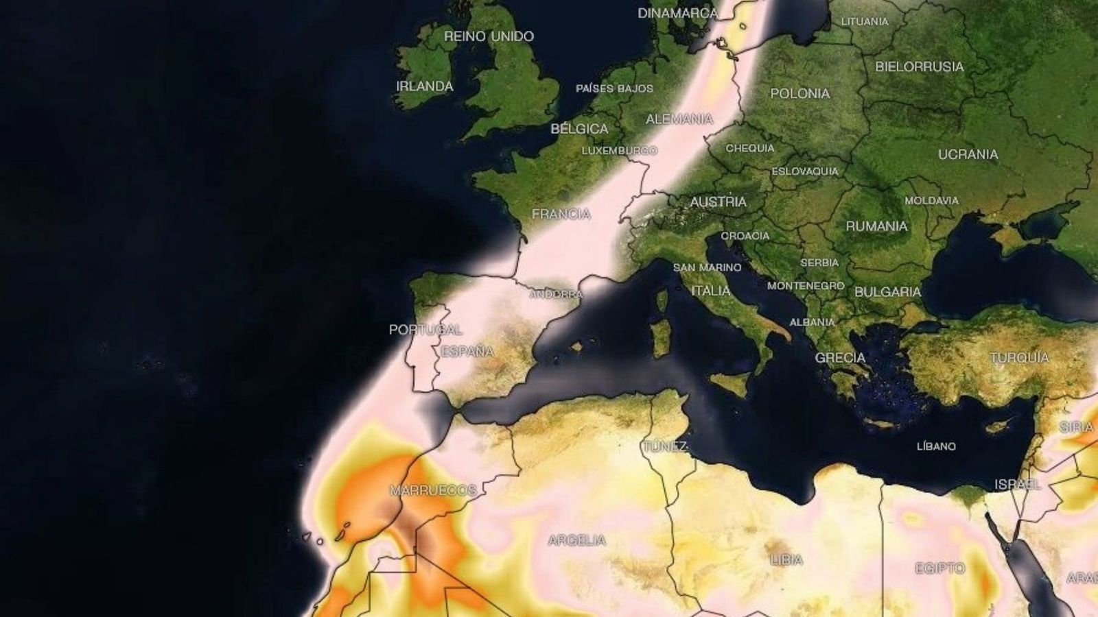 Una gigantesca lengua de polvo sahariano ha comenzado a viajar desde el desierto del Sáhara, ha cruzado el norte de África y, tras sobrevolar España, continuará su ruta hacia el corazón y el norte de Europa.