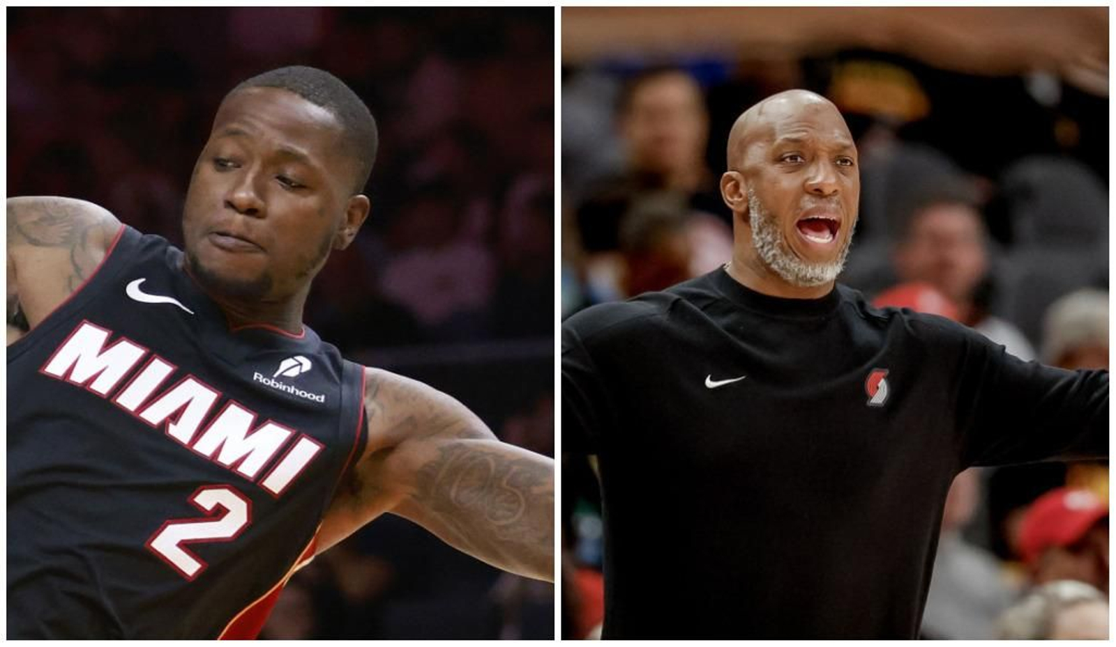 El jugador Terry Rozier, base de los Miami Heat, y Chauncey Billups, entrenador de los Portland Trail Blazers
