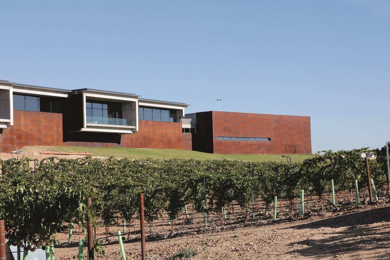 Imagen del frontal de la nueva bodega de González Byass en Rueda rodeado de viñas y de la trasera acristalada con un diseño respetuoso con el medio ambiente.