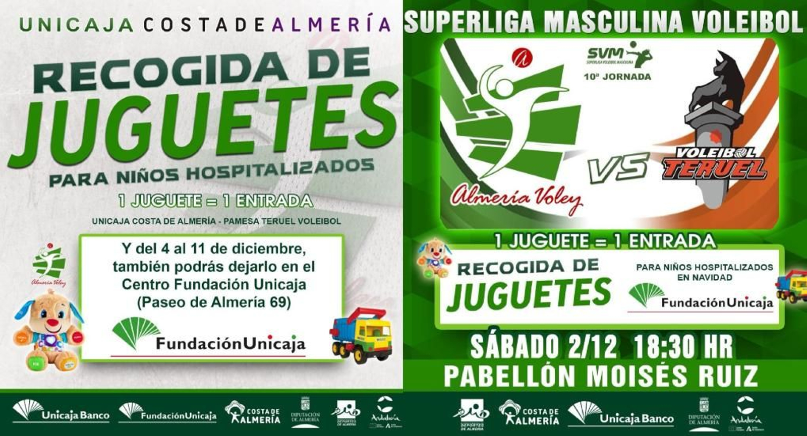 Los dos carteles de la recogida de juguetes del próximo sábado en el Moisés Ruiz.