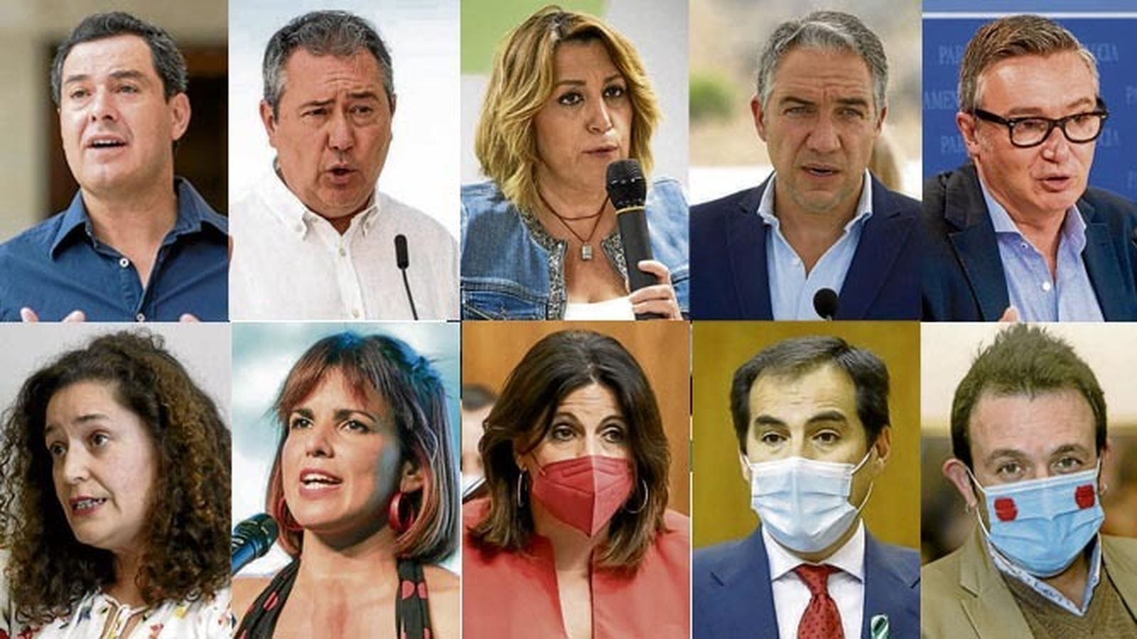 Juanma Moreno, Juan Espadas, Susana Díaz, Elías Bendodo, Manuel Gavira, Inmaculada Nieto, Teresa Rodríguez, Ángeles Ferriz, José Antonio Nieto y Jose María González, 'Kichi' (izda. a dcha. de arriba abajo).