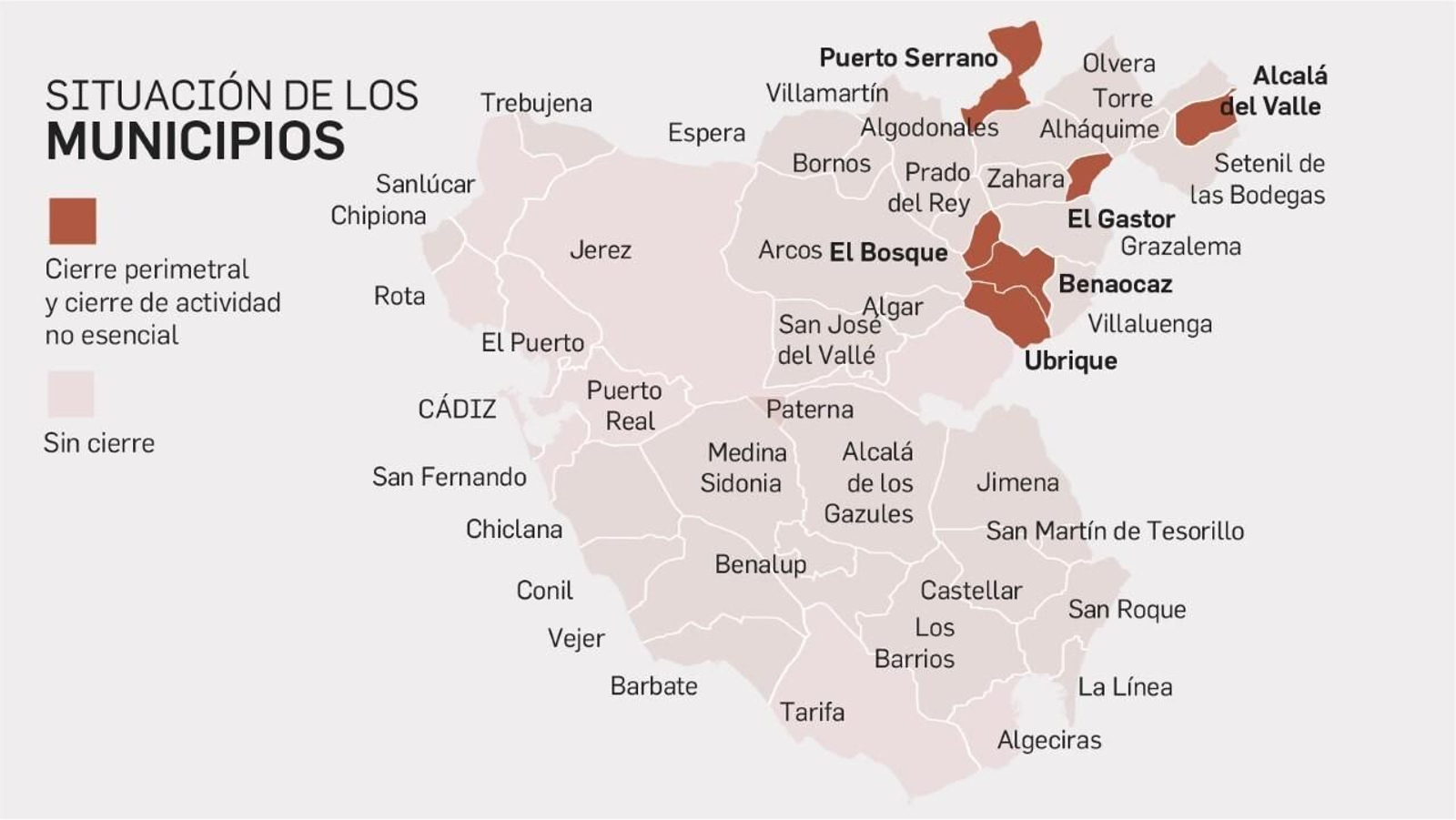 Situación de los municipios de la provincia de Cádiz.