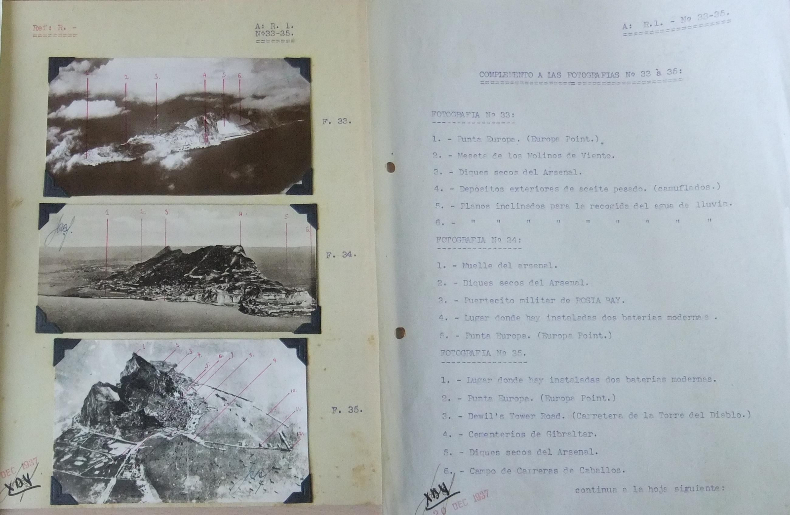 Fotos del espionaje franquista en Gibraltar, con descripción de posiciones importantes. 1937.