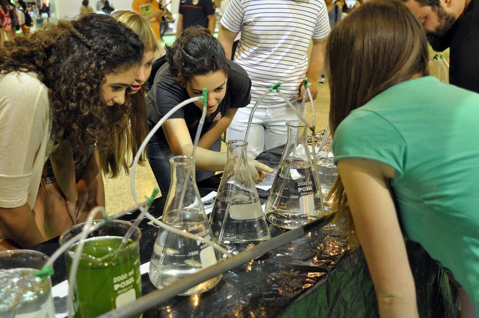 1. Un grupo de jóvenes participan en los experimentos propuestas en anteriores ferias. 2. Imagen de uno de los estand en el encuentro organizado en la capital hispalense. 3. Acto inaugural celebrado en Granada.