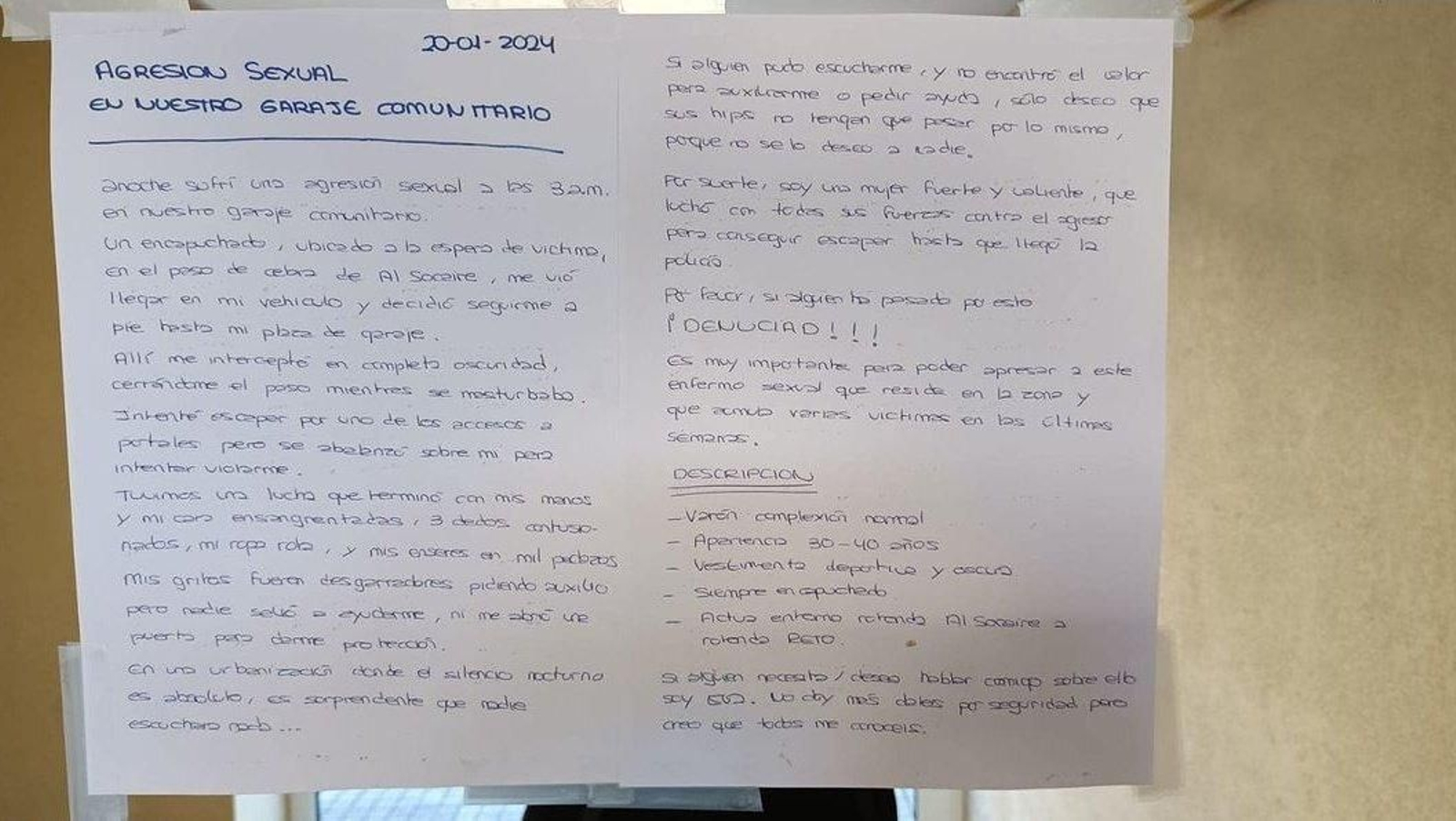 Carta de la víctima ubicada en el garaje donde ocurrieron los hechos