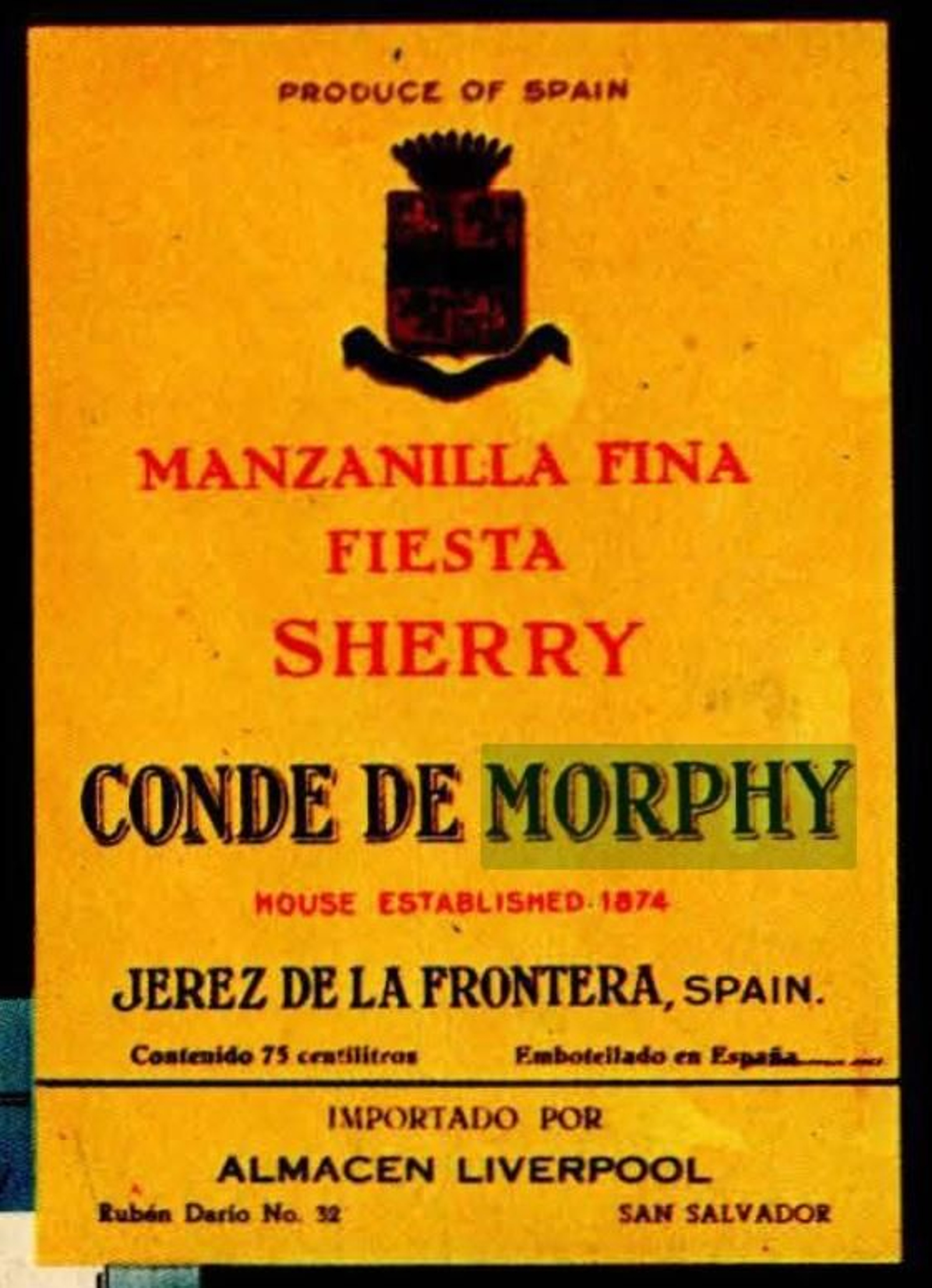 Etiqueta de manzanilla fina de Conde de Morphy. Etiqueta de manzanilla fina de Conde de Morphy.