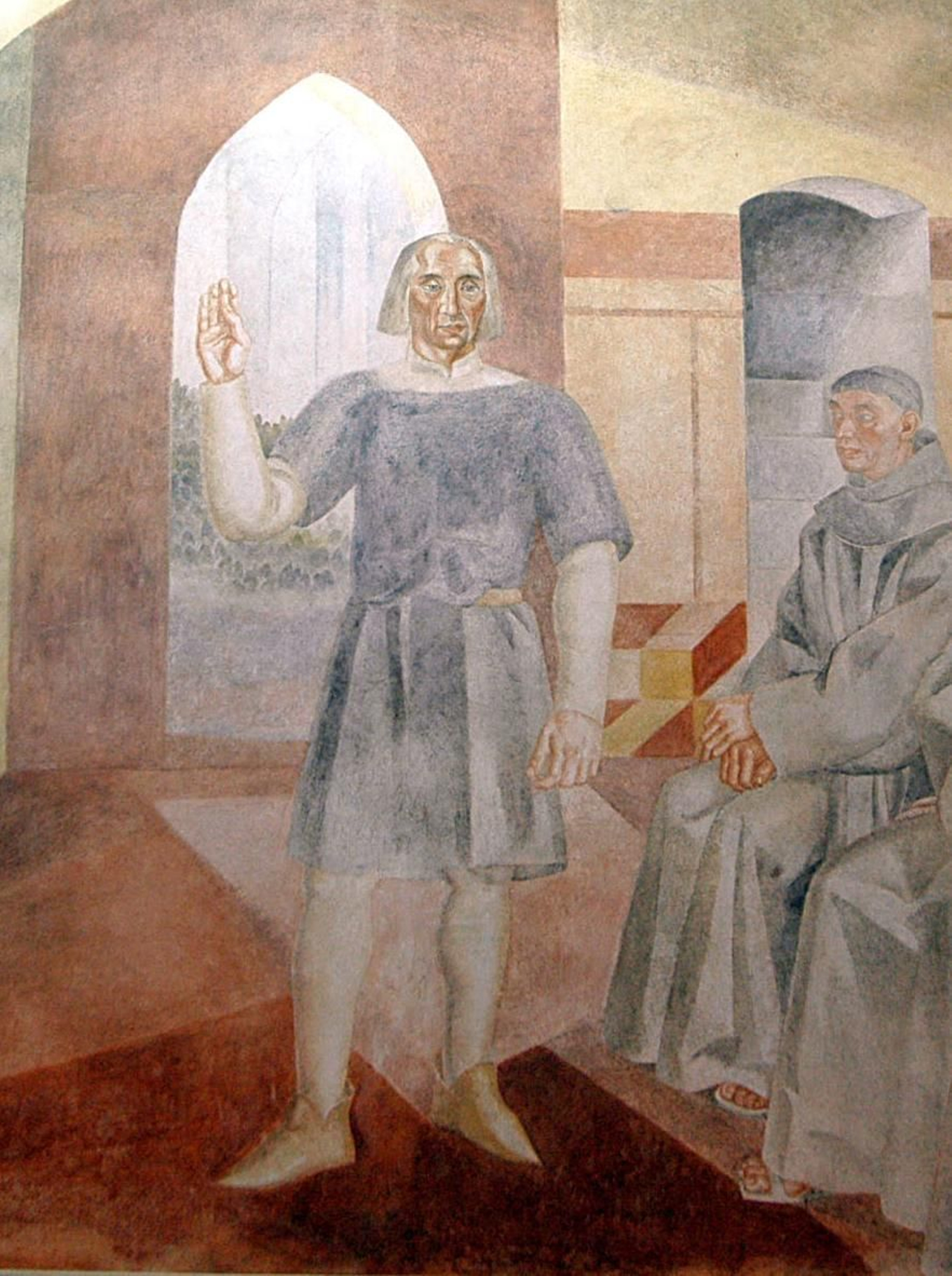 Colón en uno de los paneles de los frescos de Daniel Vázquez Díaz en La Rábida.