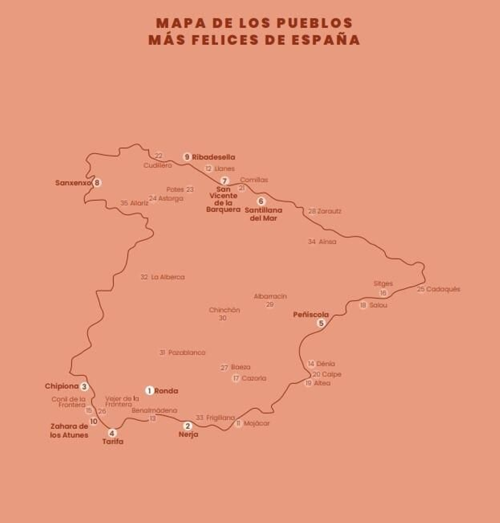 Mapa de los pueblos más felices de España.