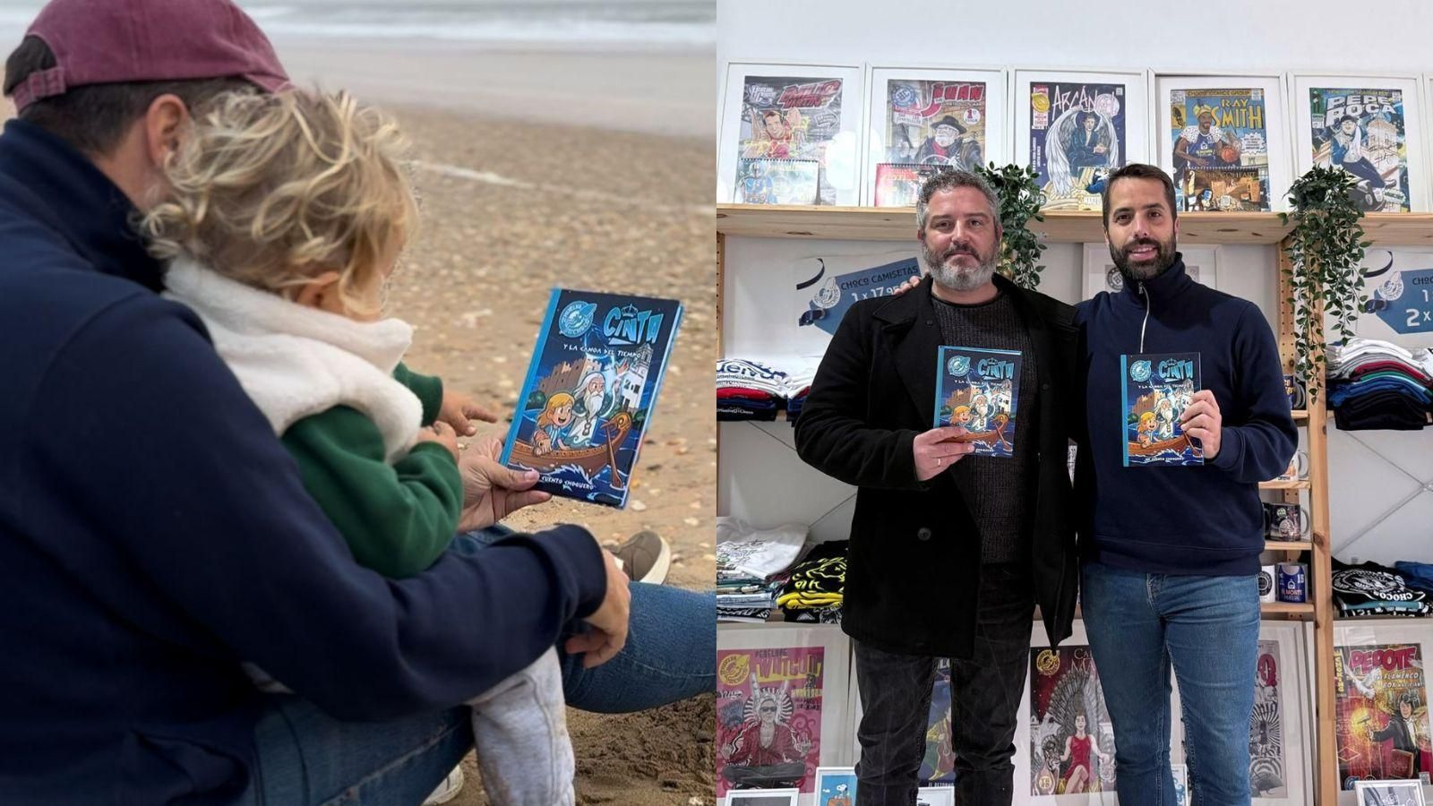 Francisco Oliva (responsable de Más de Huelva que un choco) junto a su pequeño y el ilustrador Enrique Vázquez.