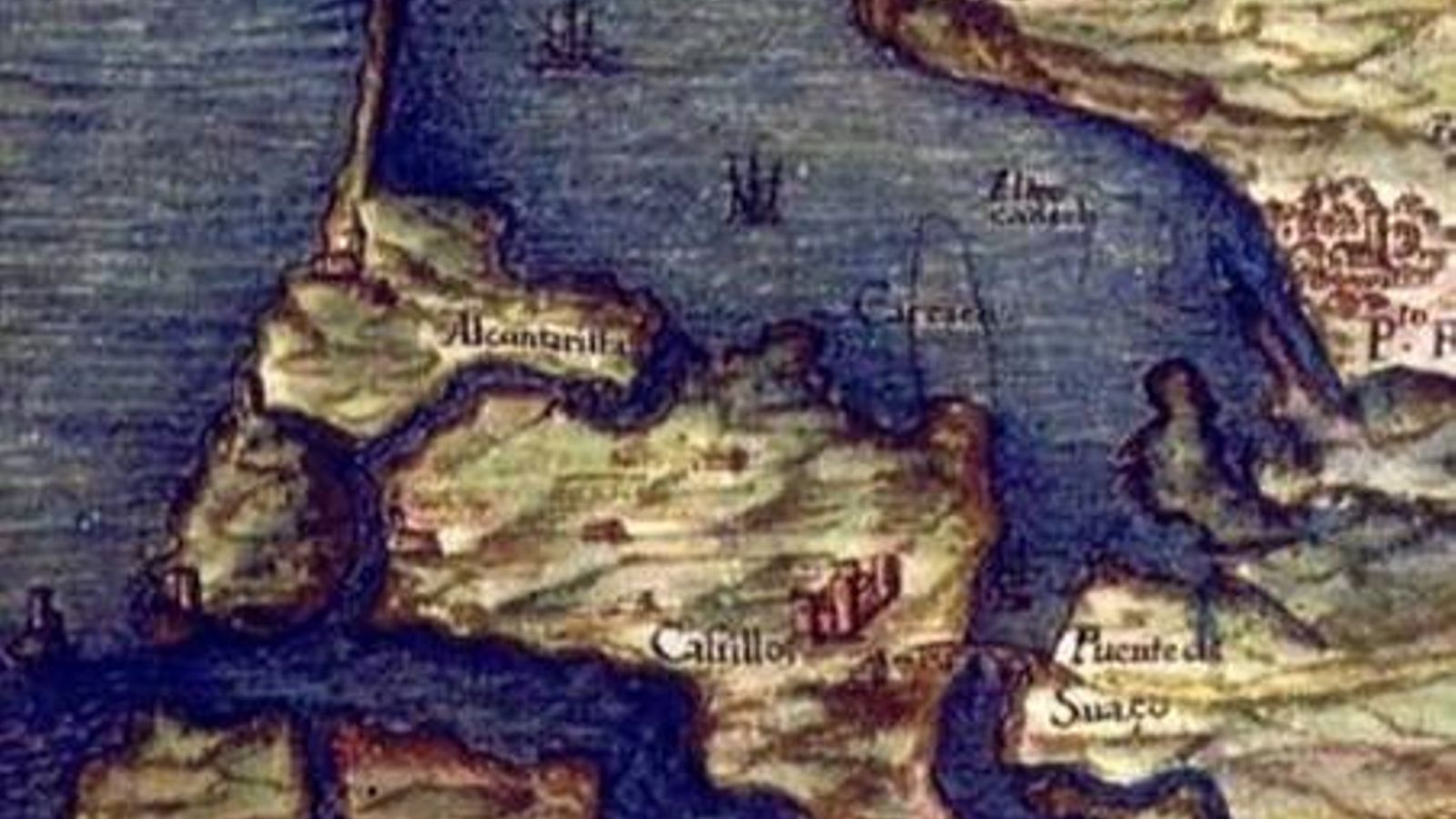 Representación de la bahía gaditana hacia 1650 donde se ve la Isla de León con detalle los puentes de la Alcantarilla y del Suazo.