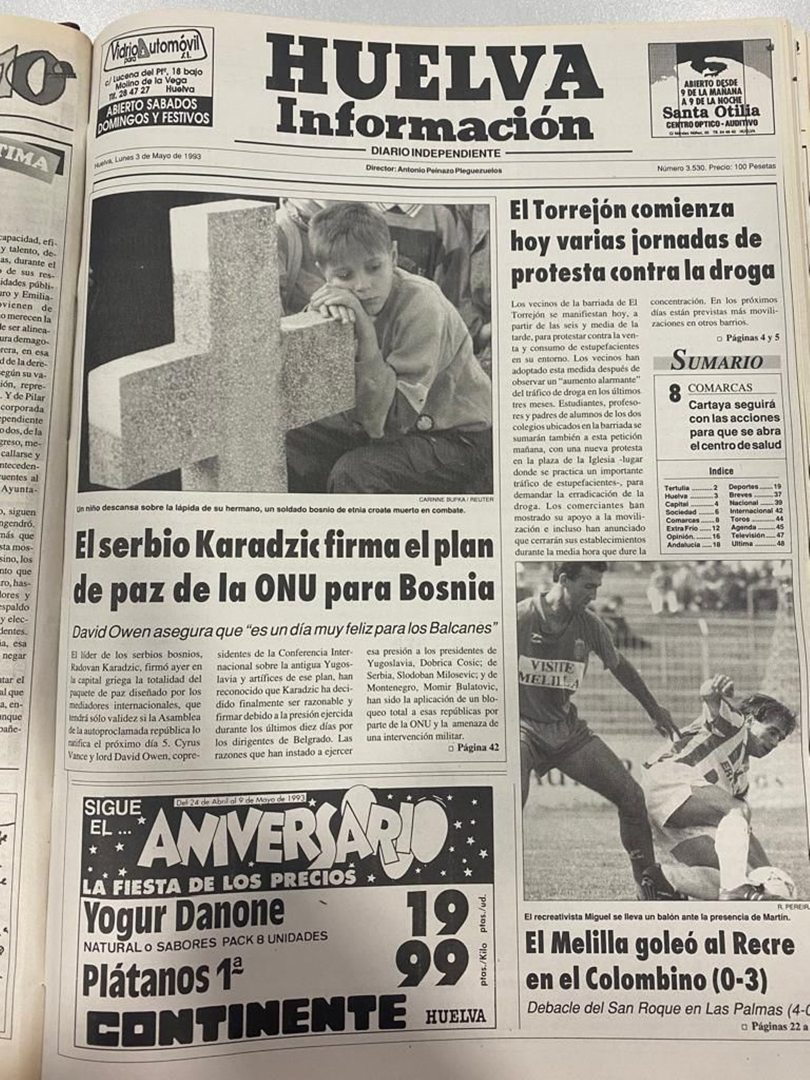 Portada de Huelva Información el 3 de mayo de 1993