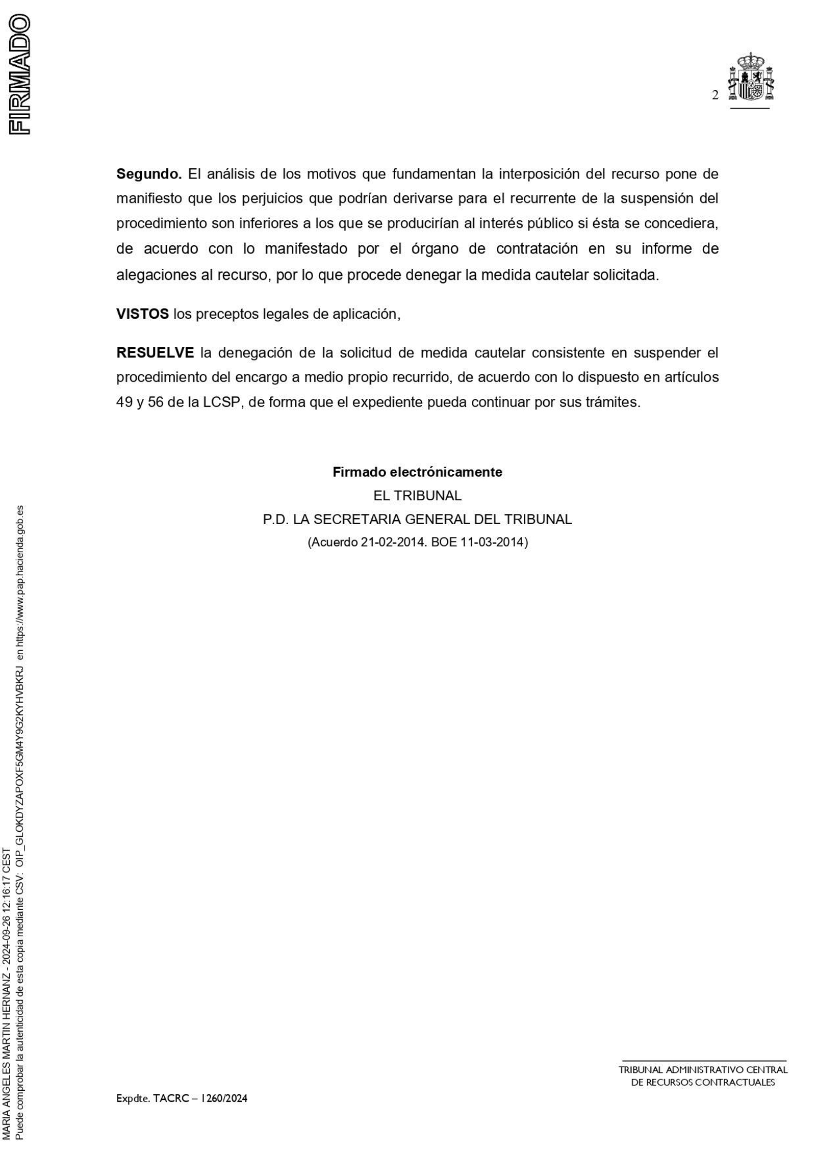 La resolución del Tribunal Administrativo Central de Recursos Contractuales, el 26 de septiembre. Página 2