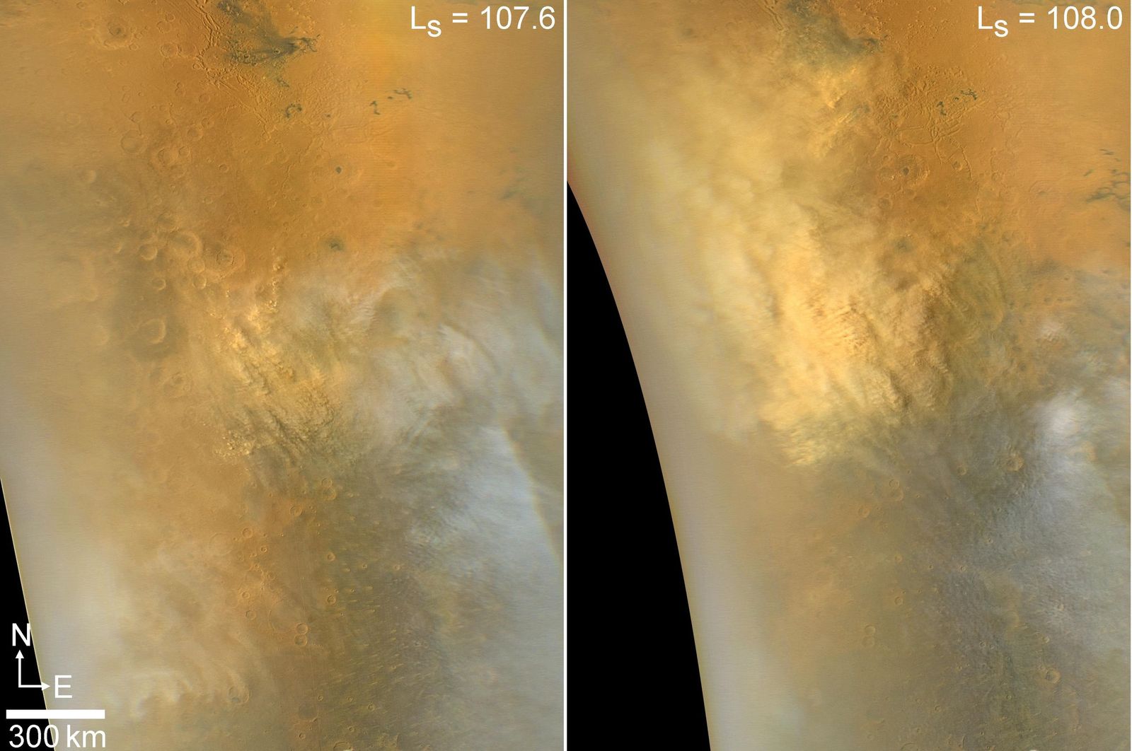 Imágenes diarias del mapa global MRO-MARCI del crecimiento inicial de una tormenta de polvo regional poco común en el noroeste de Syrtis Major, observada el 21 de agosto de 2023..