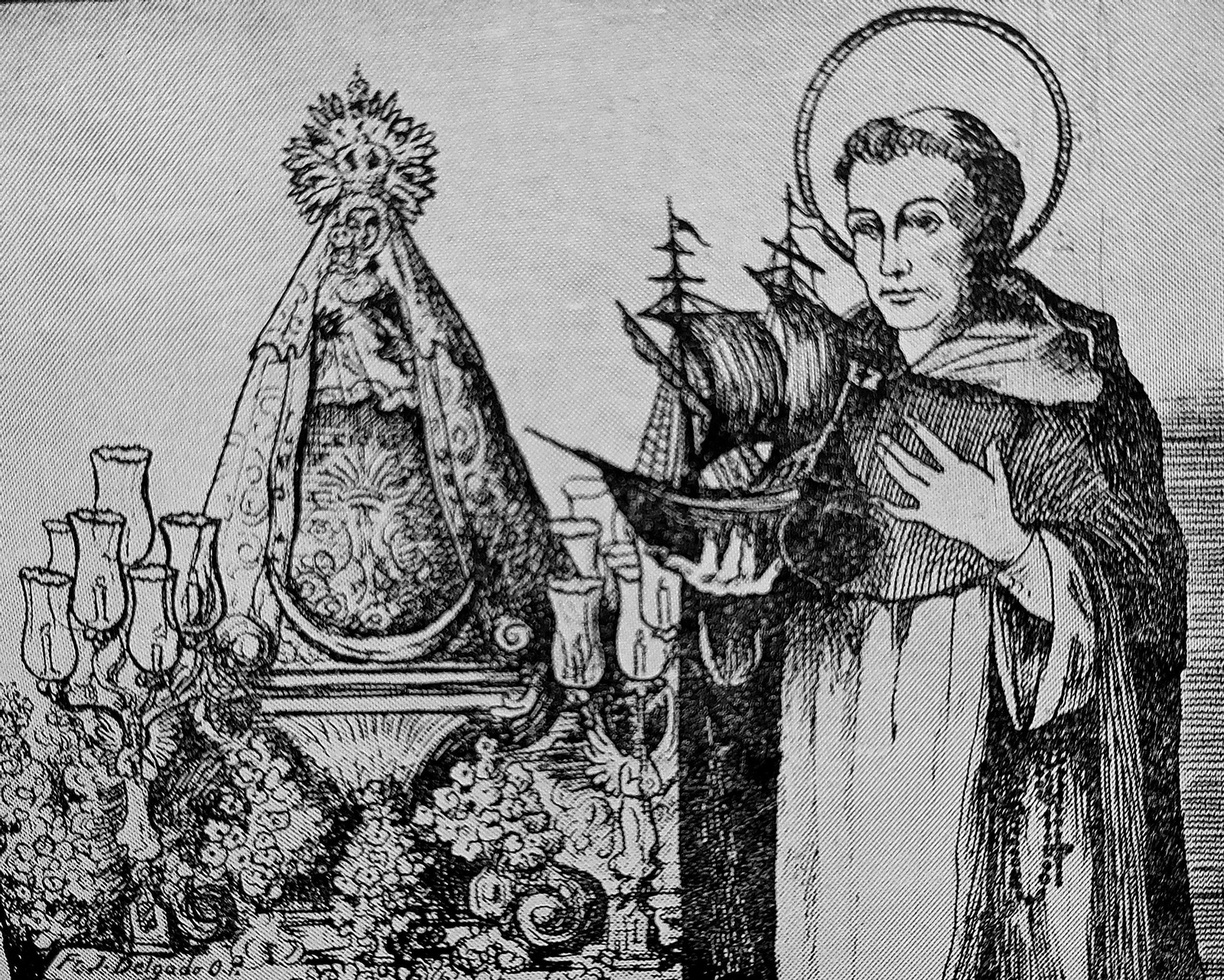 Grabado de la Virgen del Mar y San Telmo, por Fray Joaquín Delgado OP