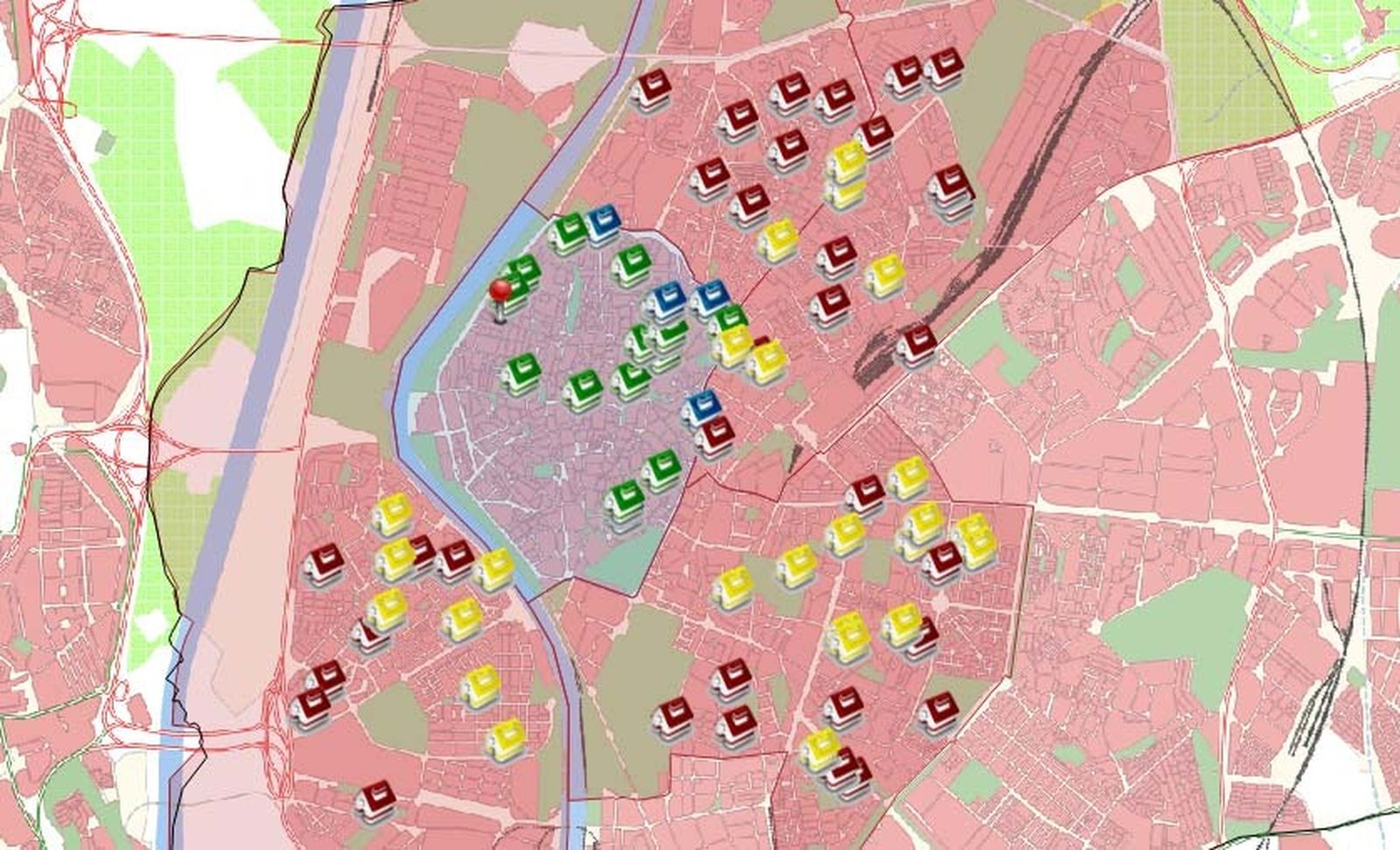 Captura del mapa interactivo de escolarización en la zona centro de Sevilla