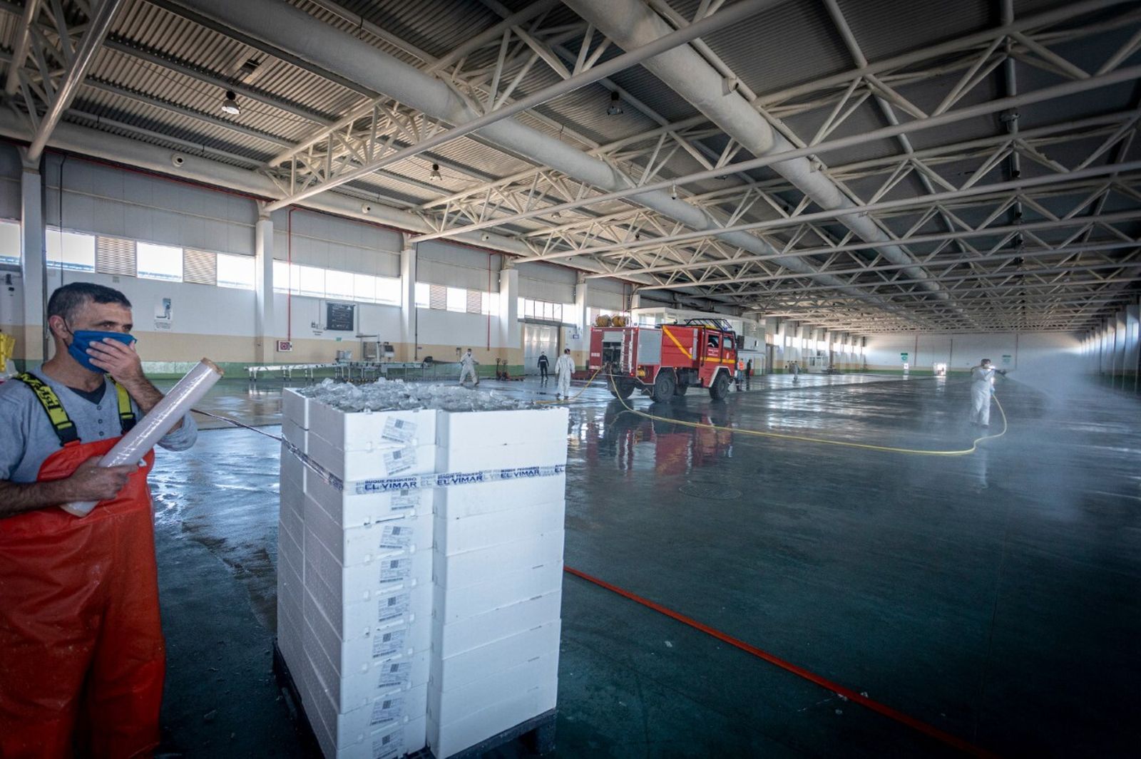 Desinfección en la lonja de Cádiz, esta semana.