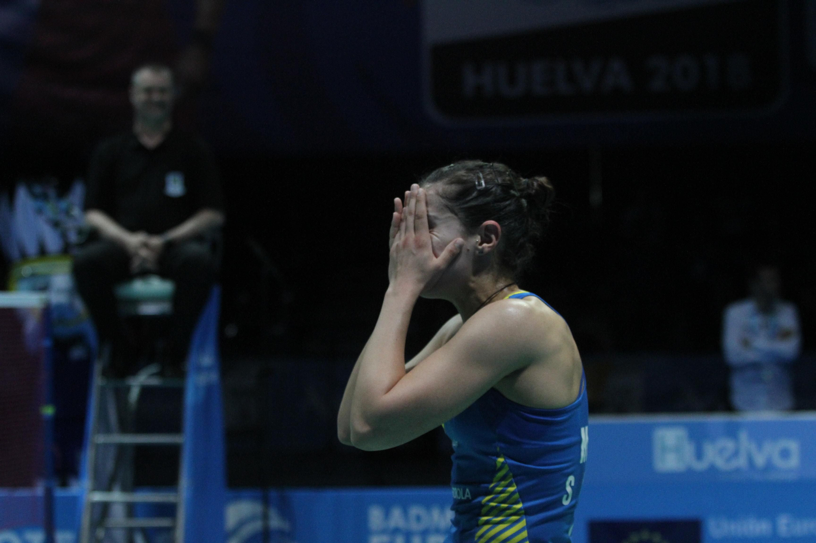 Partido y victoria de Carolina Marín en el Europeo de Bádminton celebrado en Huelva