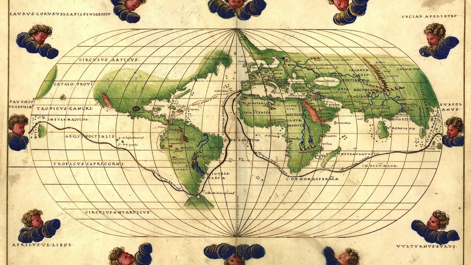 Mapa de la primera vuelta al mundo realizado por el veneciano Battisti Agnese.
